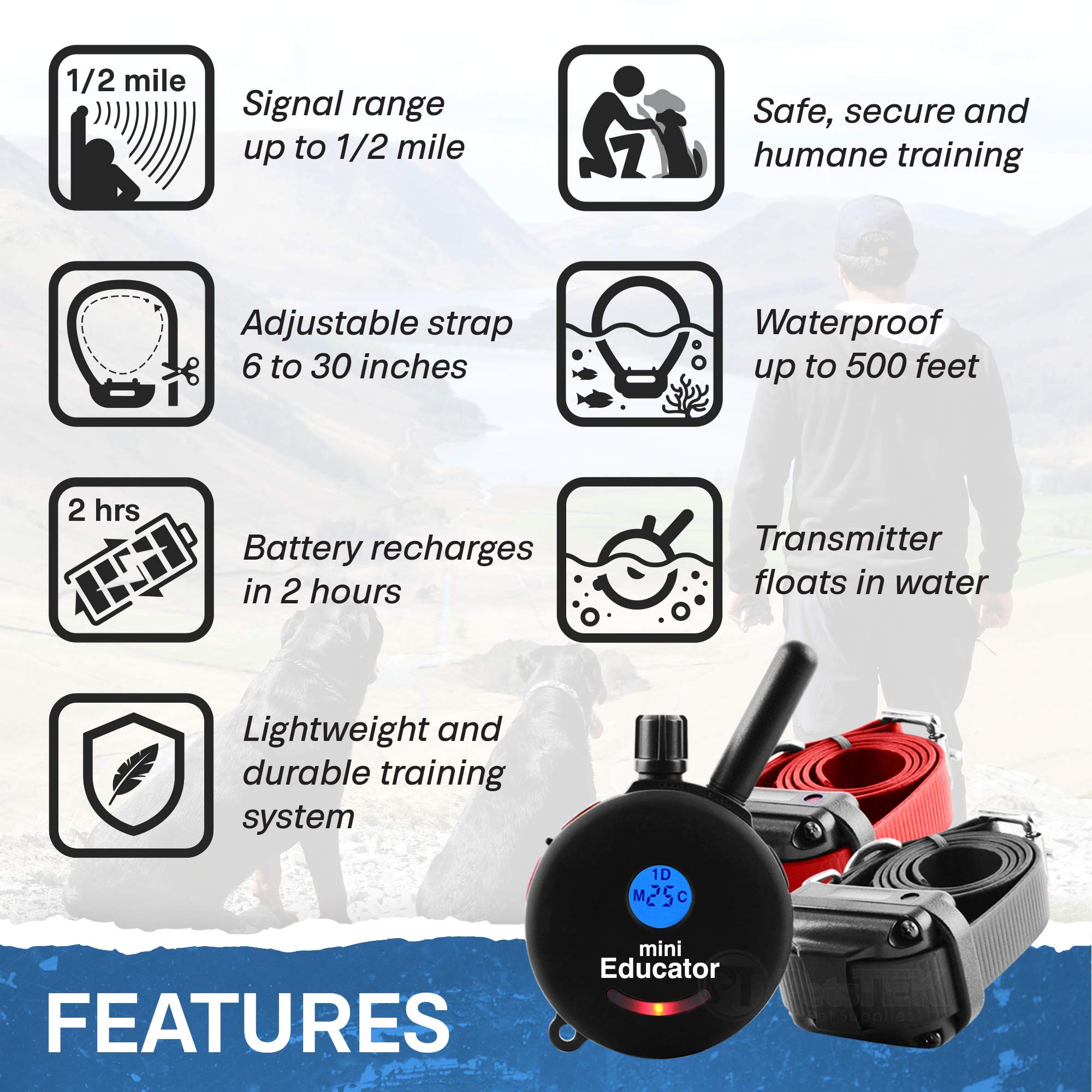 Educator ET-302 BK - 1/2 Mile Range Rechargeable Dog Training Collar with Remote for Small, Medium & Large Dogs | Waterproof Shock Collar with Electric, Vibration & Tone Modes | Perfect for Obedience Training, Behavior Correction & Off-Leash Control