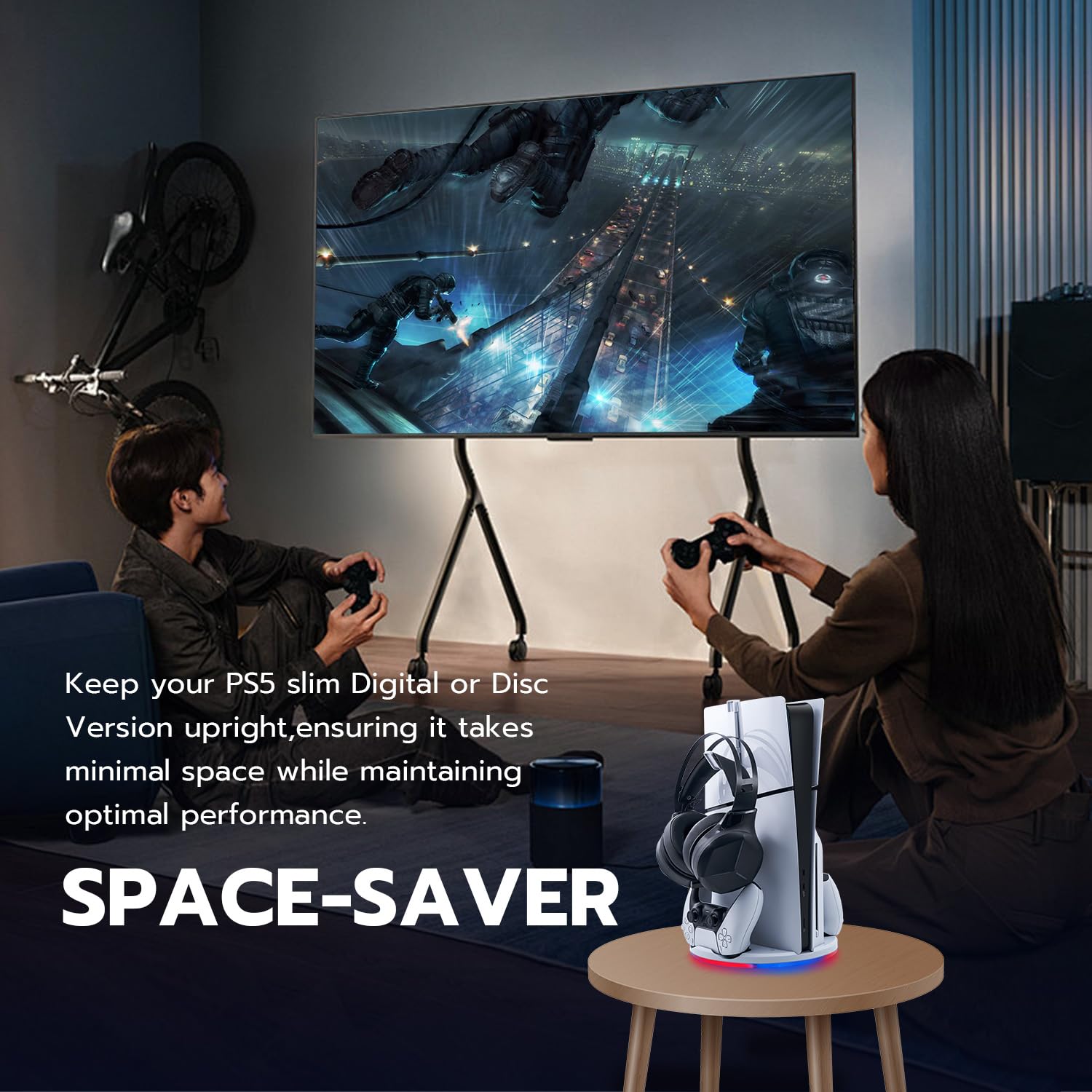 PS5 Slim Vertical Stand with LED Light & Fast Charging Dock - Dual Controller Charging Station, Headset Hook Accessories - White (Compatible with PS5 Slim Digital/Disc Edition) - Perfect for Gaming Setup & Organized Playstation Accessories Storage