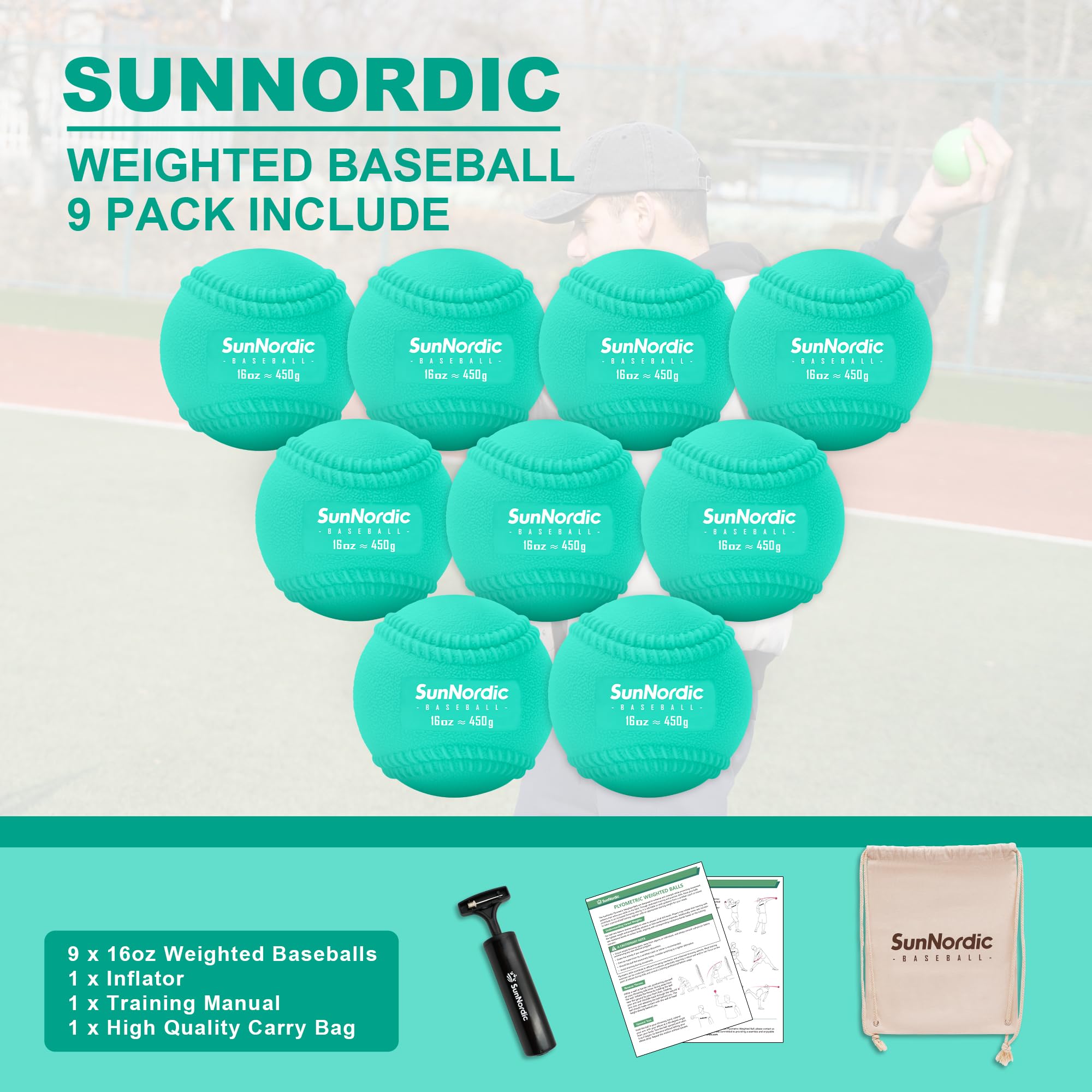 9 Pack Weighted Baseballs (16 oz) - Professional Hitting & Pitching Training Balls for Power Development - Perfect for Baseball Practice, Batting Drills & Strength Training - Suitable for All Skill Levels from Beginners to Pros
