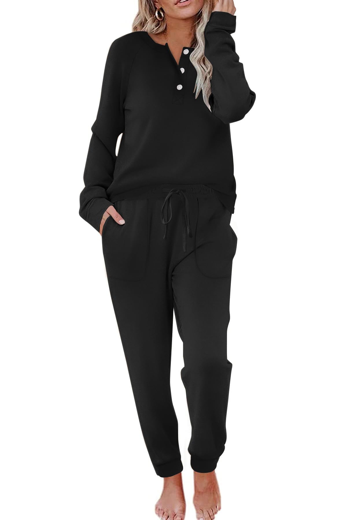 Ekouaer Women's Long Sleeve Pajama Set - Soft 2-Piece Jogger Lounge Wear with Pockets (S-XXL) | Cozy Sleepwear for Nighttime & Relaxing at Home