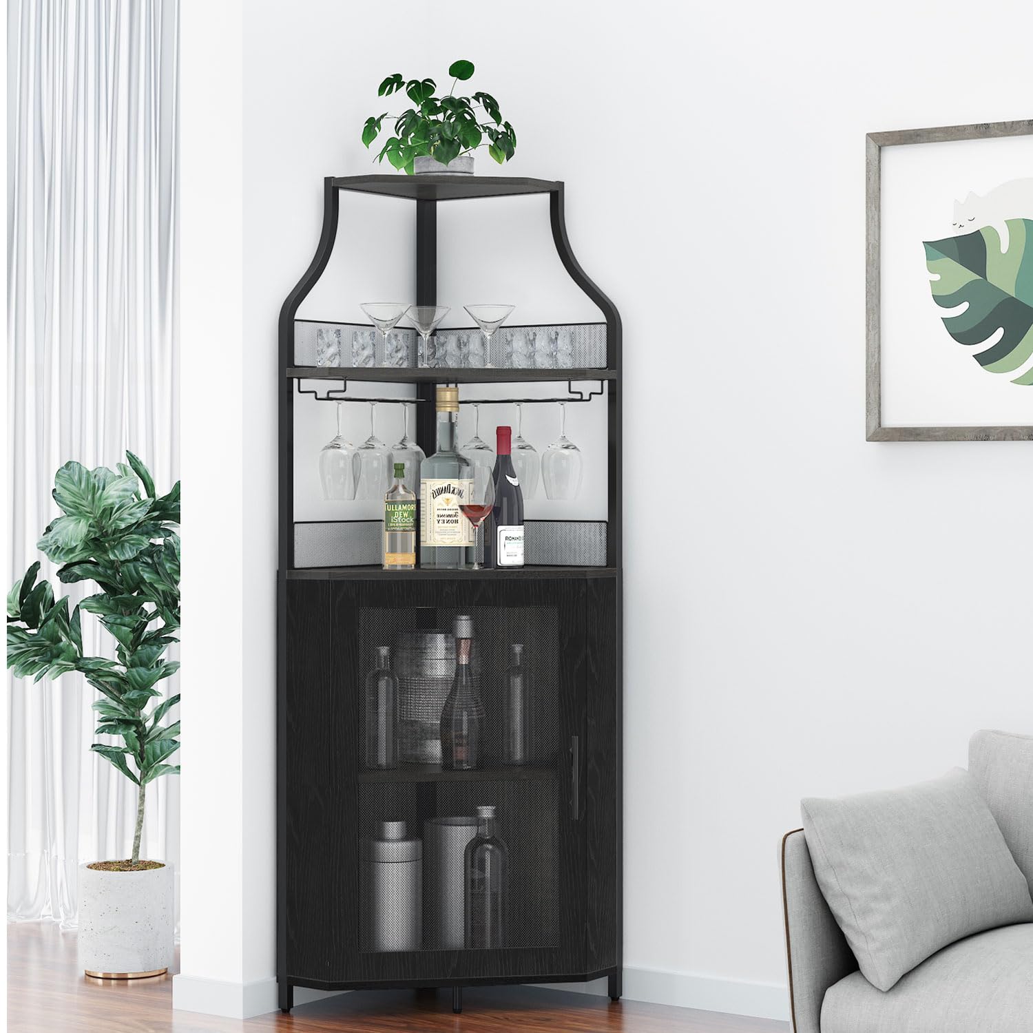GAOMON 4-Tier Corner Wine Bar Cabinet - Large Storage Space with Removable Wine Rack, Coffee Bar Cabinet with Glass Holder & Mesh Door - Perfect for Home Bar, Kitchen, Dining Room & Entertainment Areas - Black