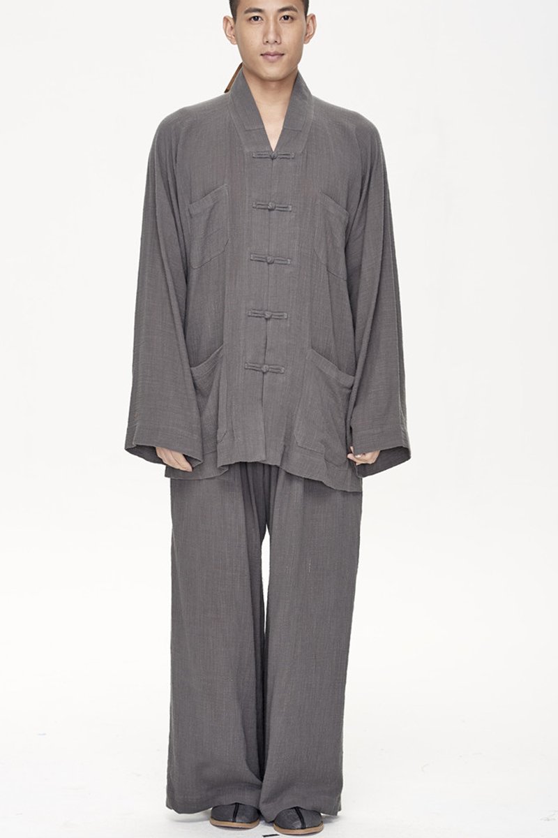 Men's Buddhist Monk Religion Suit - Casual V-Neck Tunic & Pants Set (Sizes M-XXL) for Meditation, Yoga & Spiritual Practice