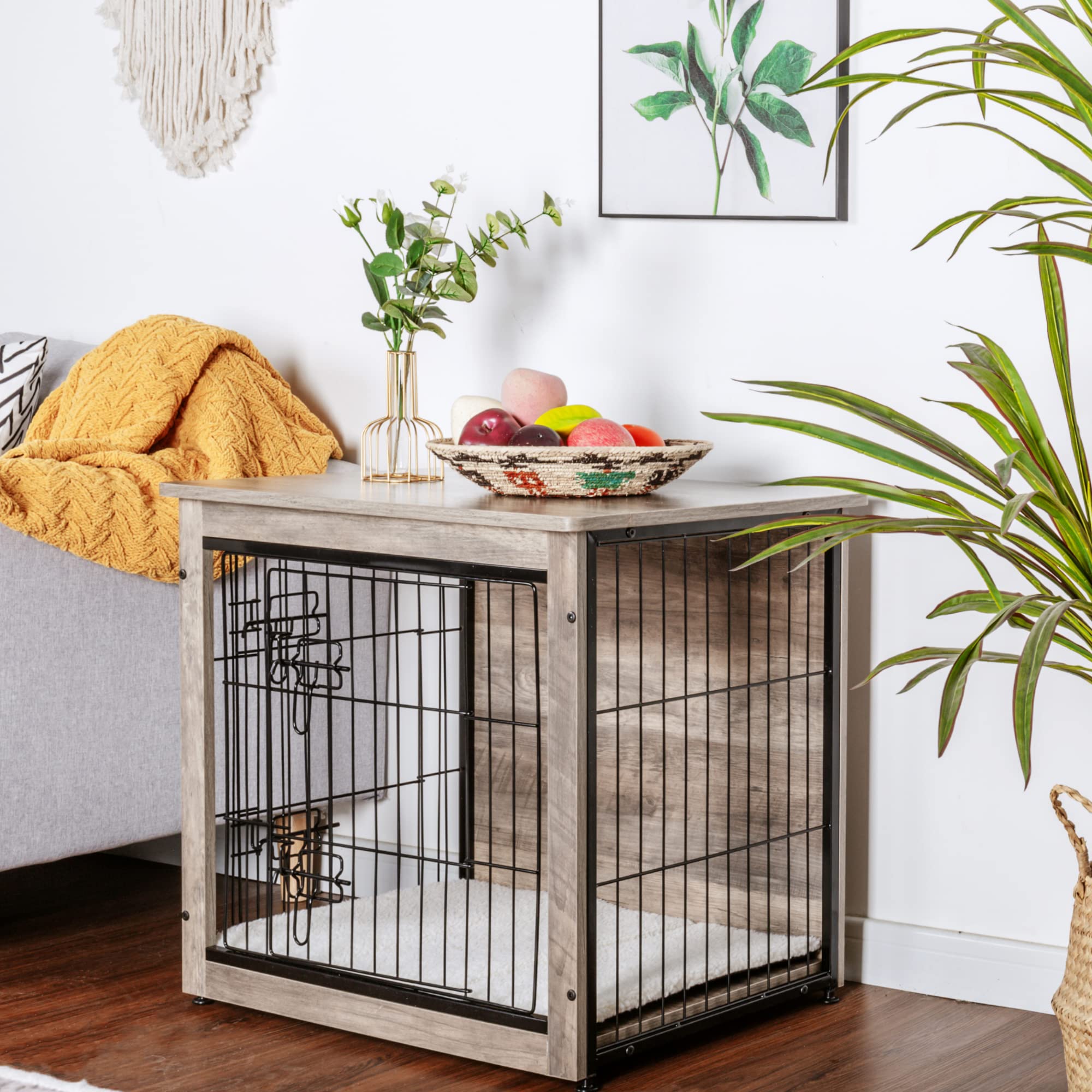 DWANTON Wooden Dog Crate Furniture with Removable Cushion - Double Door Indoor Kennel Table for Small Medium Large Dogs - 27.2