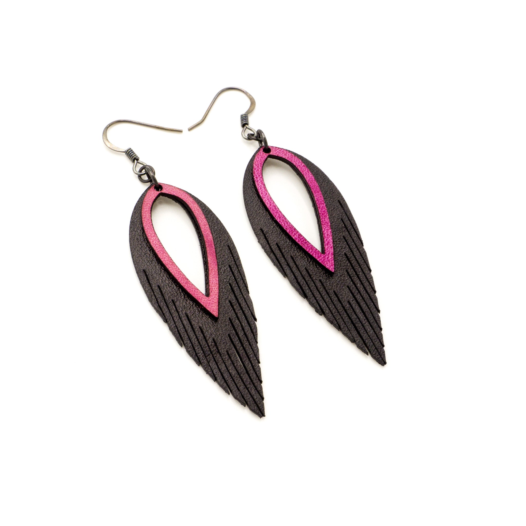 Nativas 2 Layer Leather Earrings for Women - Stylish Black & Fuchsia Dangle Earrings | Perfect for Casual Wear, Parties & Special Occasions