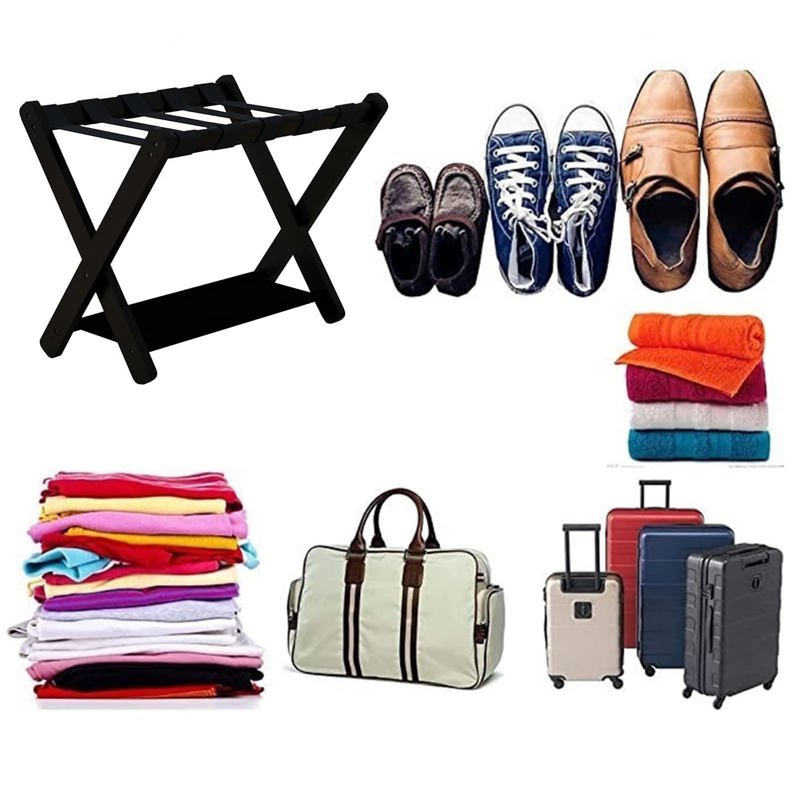Foldable Wooden Luggage Rack Set of 2 - Double Tier Suitcase Stand with Shoe Shelf | Portable Travel Bag Storage Organizer | Perfect for Bedroom, Hotel & Small Space Organization | Durable Home Storage Solution