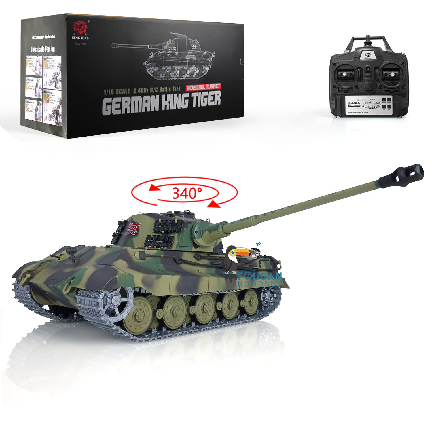 2.4Ghz Henglong 1:16 Scale German King Tiger RTR RC Tank - 3888A Model with Metal Tracks, 340° Rotating Turret & Steel Gearbox | US Stock | Battle Simulation & Collectible Display