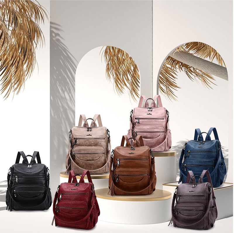 Angel Kiss Women's PU Leather Backpack Purse - Stylish Zipper Casual Backpack & Shoulder Bag for Work, Travel & Daily Use