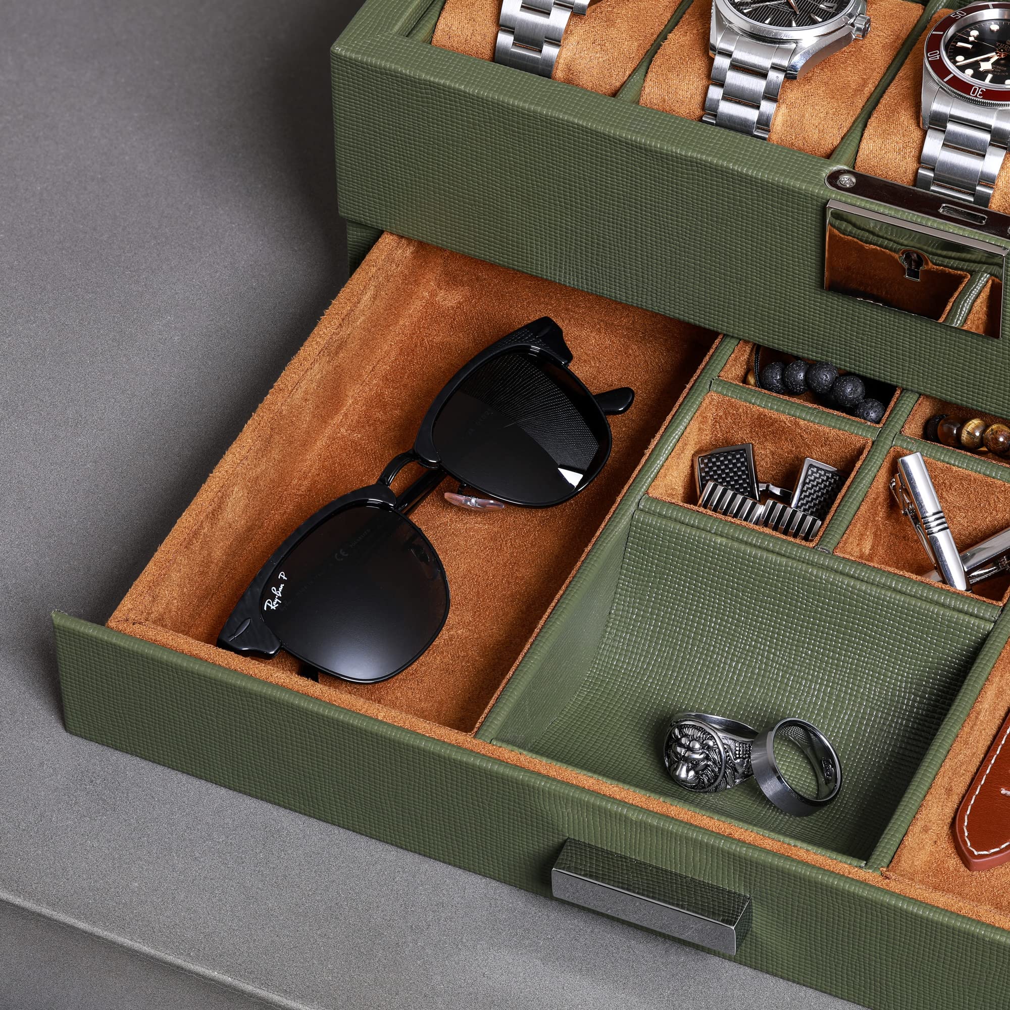 ROTHWELL 10-Slot Leather Watch Box with Valet Drawer - Luxury Watch Case Organizer with Soft Microsuede Liner, Jewelry & Sunglass Storage - Large Glass Top Display (Green/Tan) | Perfect for Watch Collectors, Travel & Gift Giving