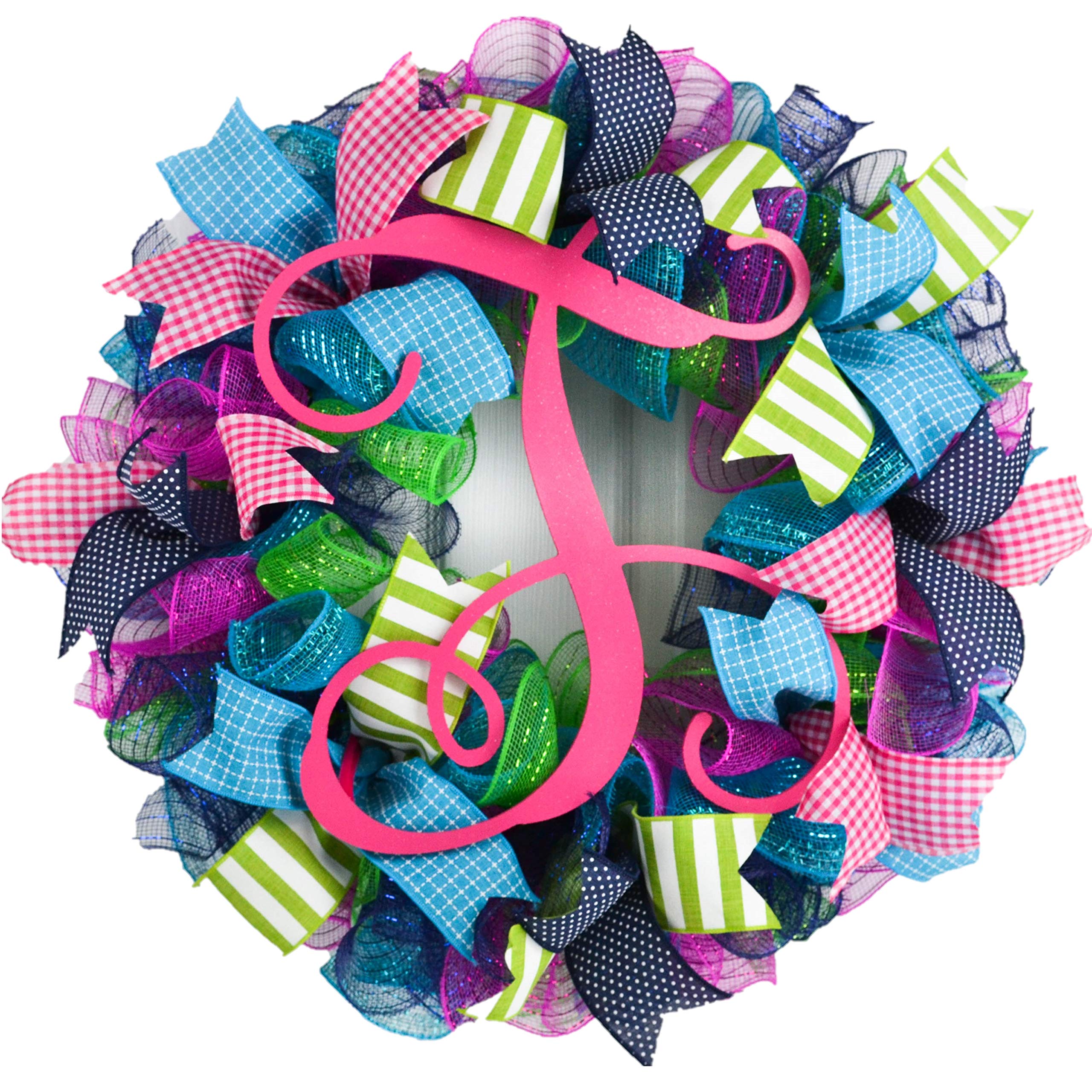 Monogram Everyday Wreath for Front Door - Summer Spring Floral Wreath in Pink, Turquoise, Navy Blue & Green | Perfect for Home Decor, Wedding, Party & Seasonal Celebration (P5)