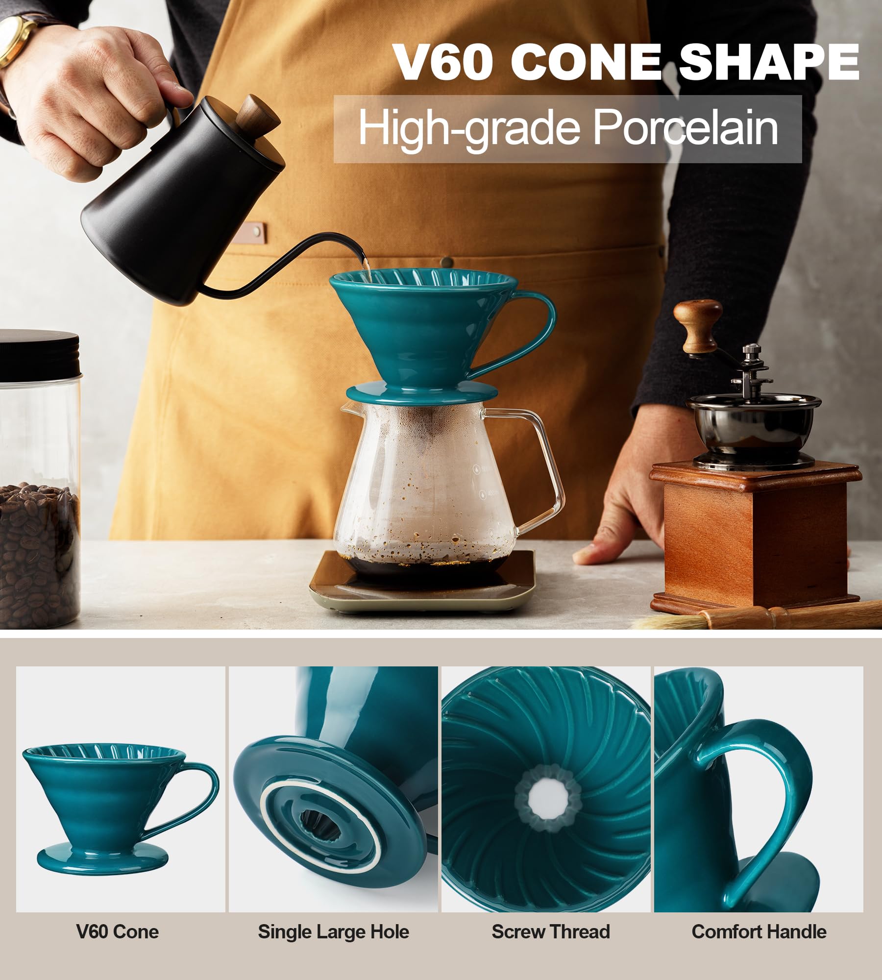 Premium Ceramic Pour Over Coffee Dripper - V60 Style 02 Size (1-4 Cup) Manual Coffee Maker for Home, Office & Cafe - Dark Green | Perfect for Specialty Coffee Brewing & Gift Giving