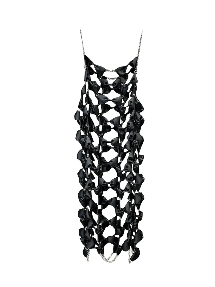 DEAT Women's Fashion Metal Chain Bow Hollow Out Backless Sleeveless Pullover Dress - Spring Summer Party Clubwear & Evening Cocktail Dress - Style 11XX6527