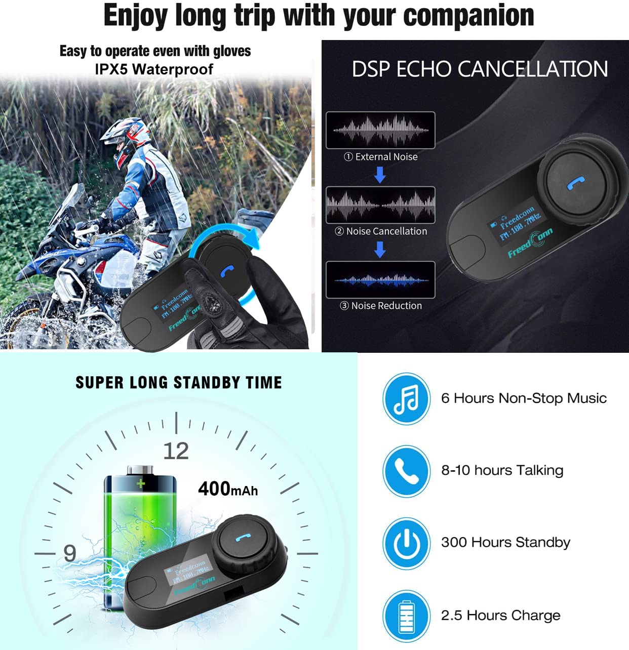 FreedConn 2-Pack TCOM-SC Motorcycle Bluetooth Intercom Headset - Universal Helmet Communication System for 2-3 Riders with Music Sharing, LCD Display, FM Radio, GPS & Waterproof - Perfect for Group Riding, Road Trips & Adventure Motorcycling