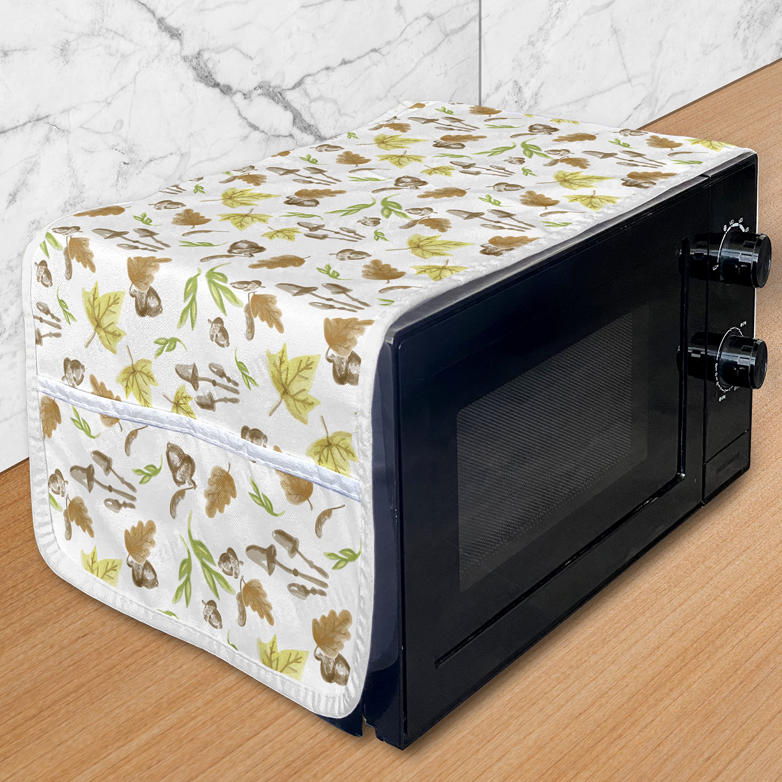 Ambesonne Waterproof Microwave Cover with Pockets - Pastel Autumn Leaves Acorn Maple Mushrooms Design - 36