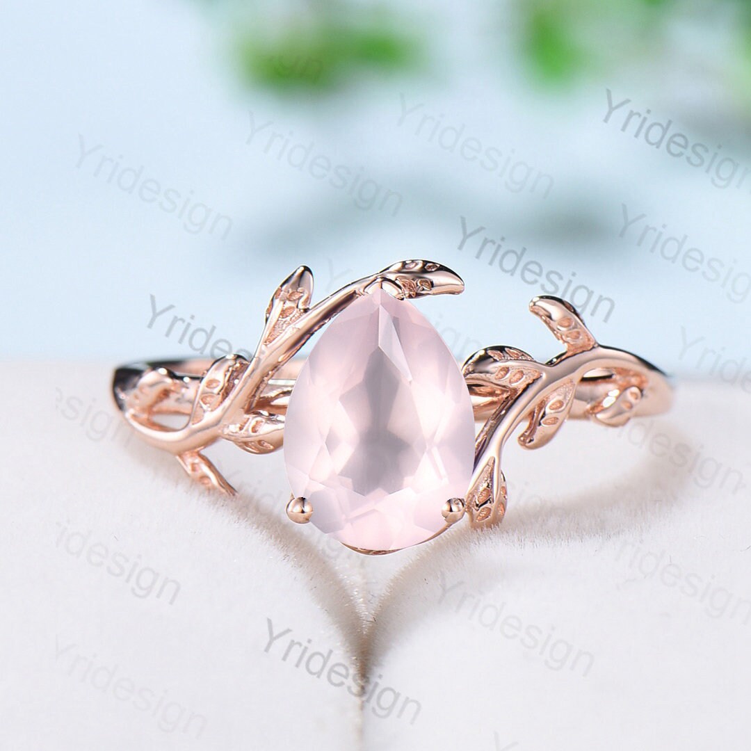 Natural Rose Quartz Ring Set for Women - Unique Leaf Engagement Ring with Pink Crystal Solitaire, Valentine's Day Wedding Jewelry Gift for Her - Perfect for Proposals, Anniversaries & Romantic Occasions