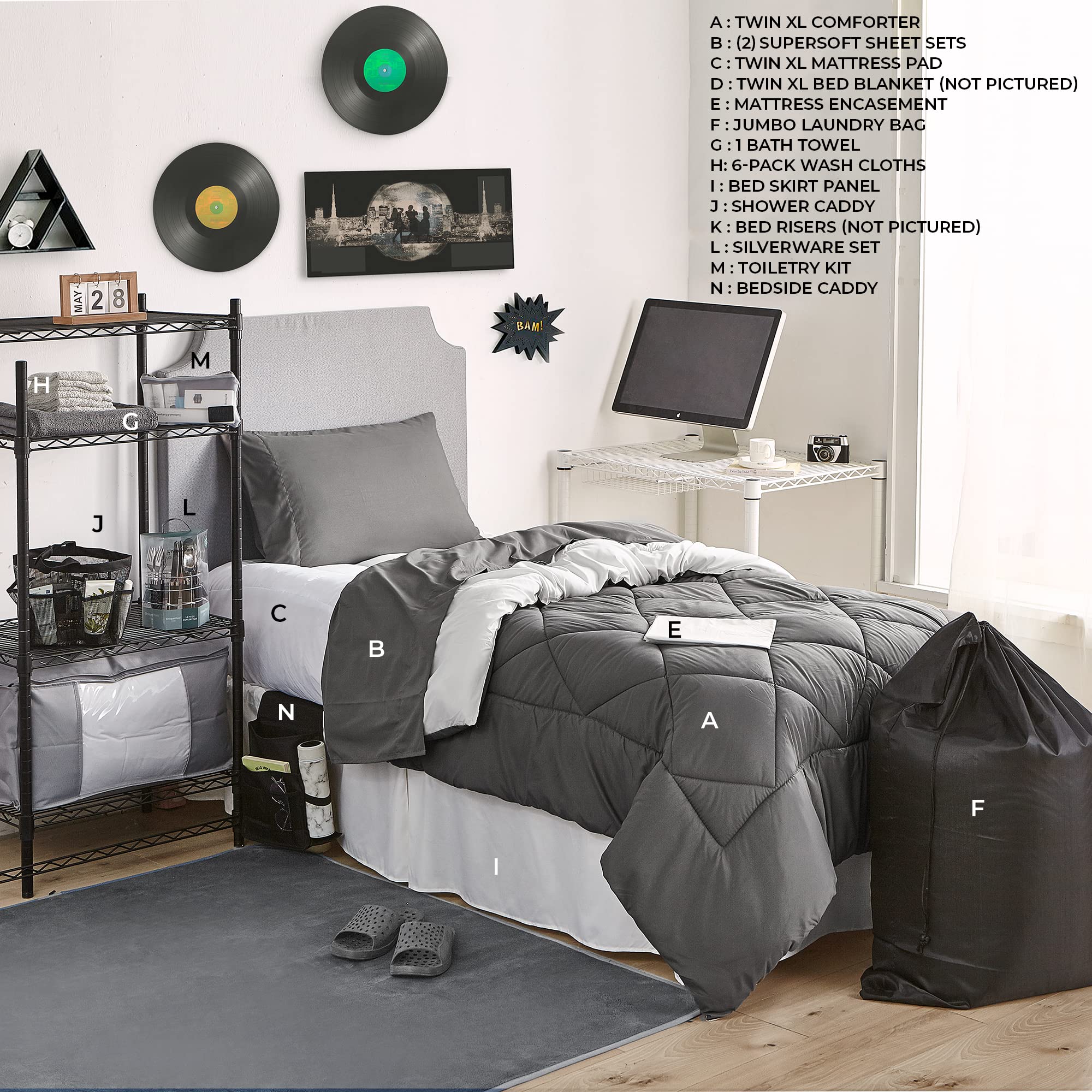 44-Piece College Dorm Essentials Set - Complete Bedding & Bath Bundle in Granite Gray & Jet Stream - Perfect for Dorm Rooms, Apartments & First Home Setup