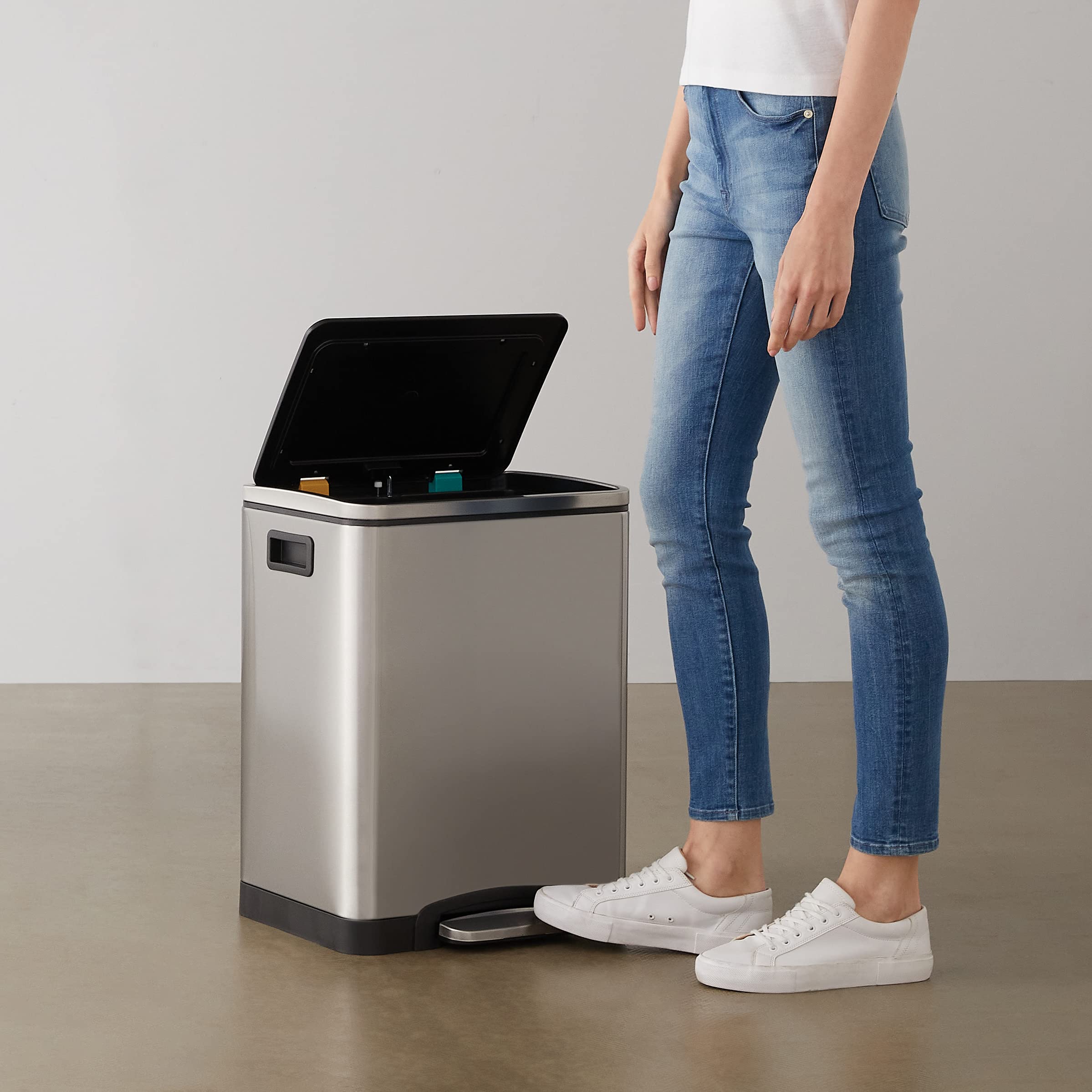 Amazon Basics 30L (2 x 15L) Rectangular Stainless Steel Step Trash Can with Dual Compartments and Soft-Close Lid - Ideal for Kitchen, Bathroom, Office, or Home Use