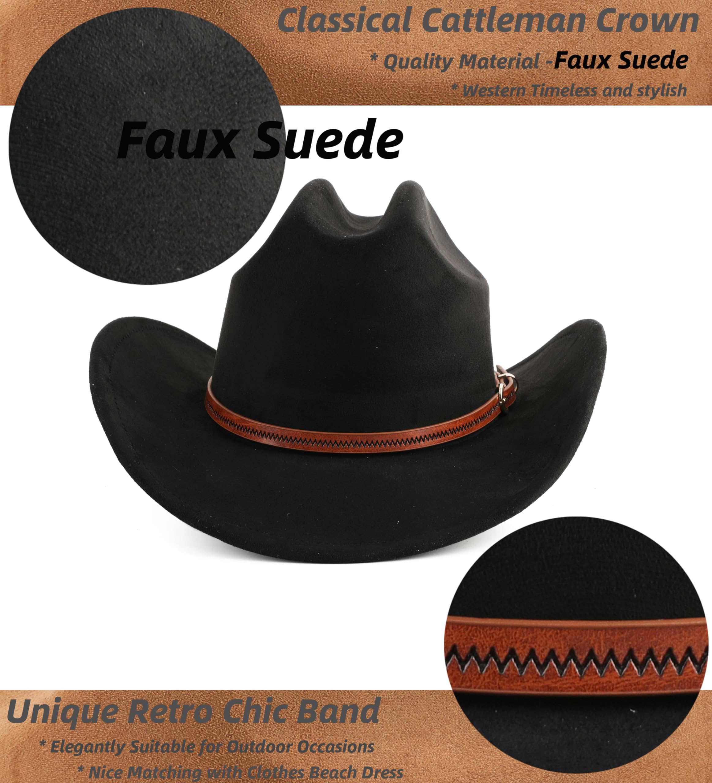 Stylish Cowboy Hat for Women & Men - Wide Brim Western Cowgirl Hat for Rodeo, Country Music Festivals & Outdoor Adventures