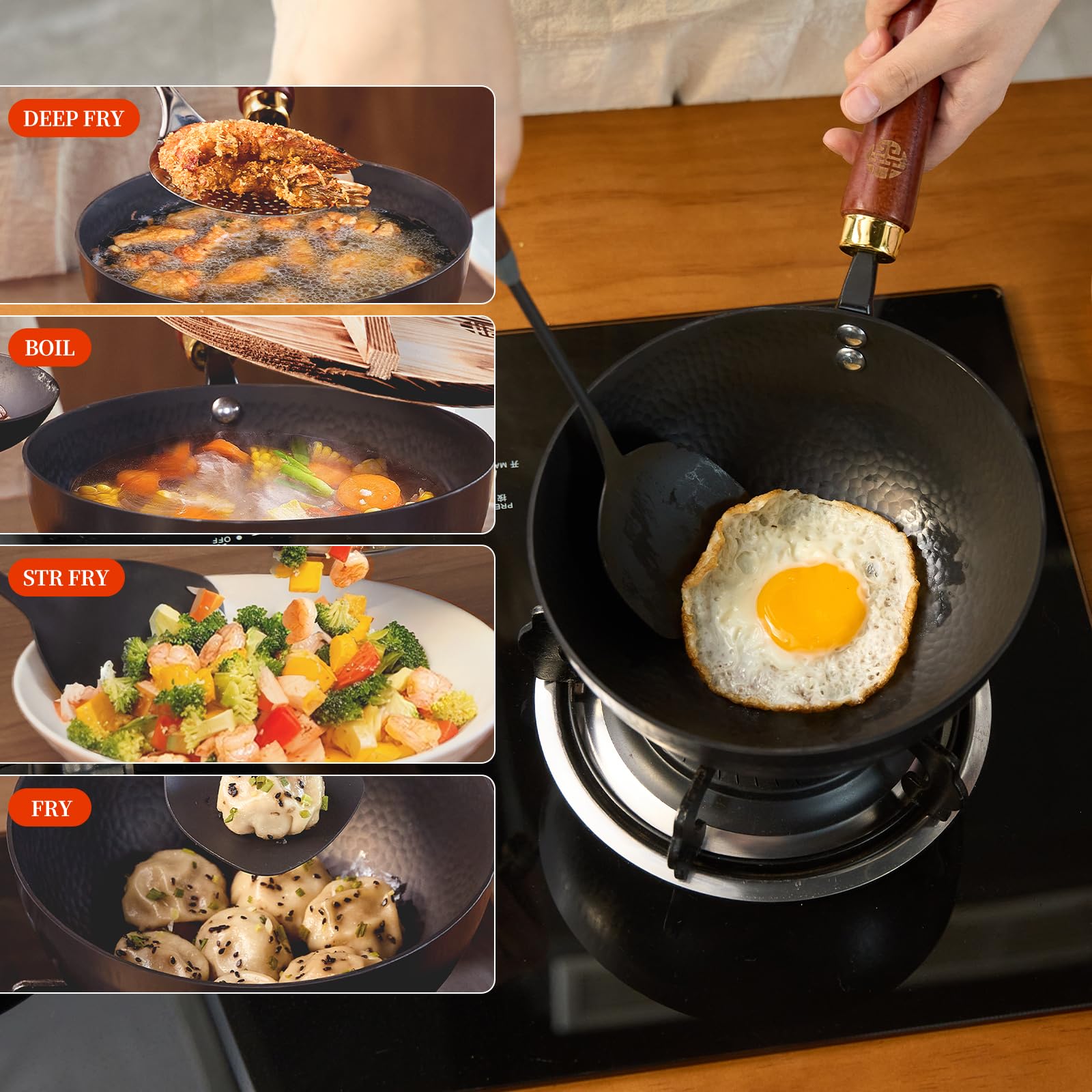 Premium 8.6-Inch Cast Iron Wok Pan with Lid & Spatula - Flat Bottom Non-Stick Stir Fry Skillet for Gas, Induction & Electric Stoves - Perfect for Asian Cooking, Home Kitchen & Restaurant Use