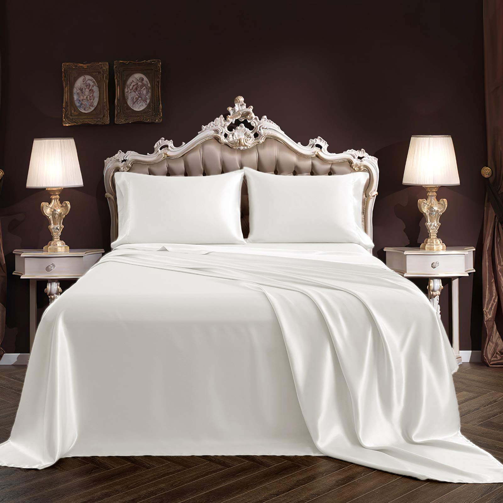 SiinvdaBZX 4-Piece King Size Satin Sheet Set - Ultra Silky Soft Ivory White Bed Sheets with Deep Pocket (1 Fitted Sheet, 1 Flat Sheet, 2 Pillowcases with Envelope Closure) for Luxurious Bedroom Decor & Hotel-Style Comfort