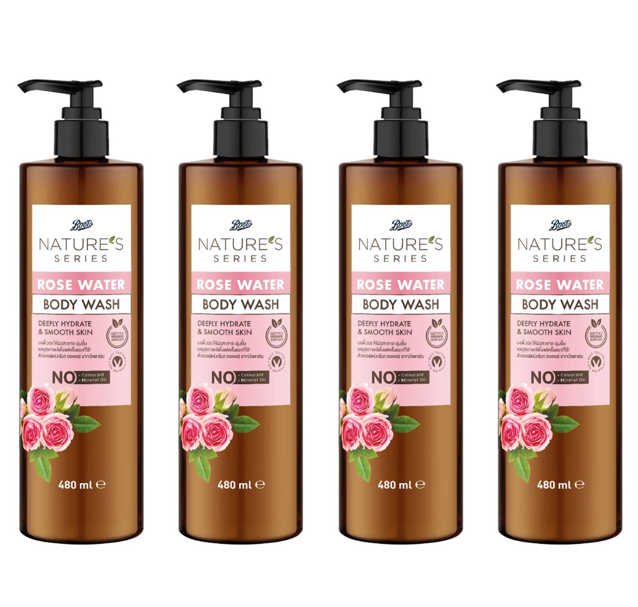 Nature's Series Rose Water Body Wash - 16.23 Fl Oz (Pack of 4) | Hydrating & Soothing Shower Gel for Dry Skin | Perfect for Daily Use, Spa Days & Gift Sets