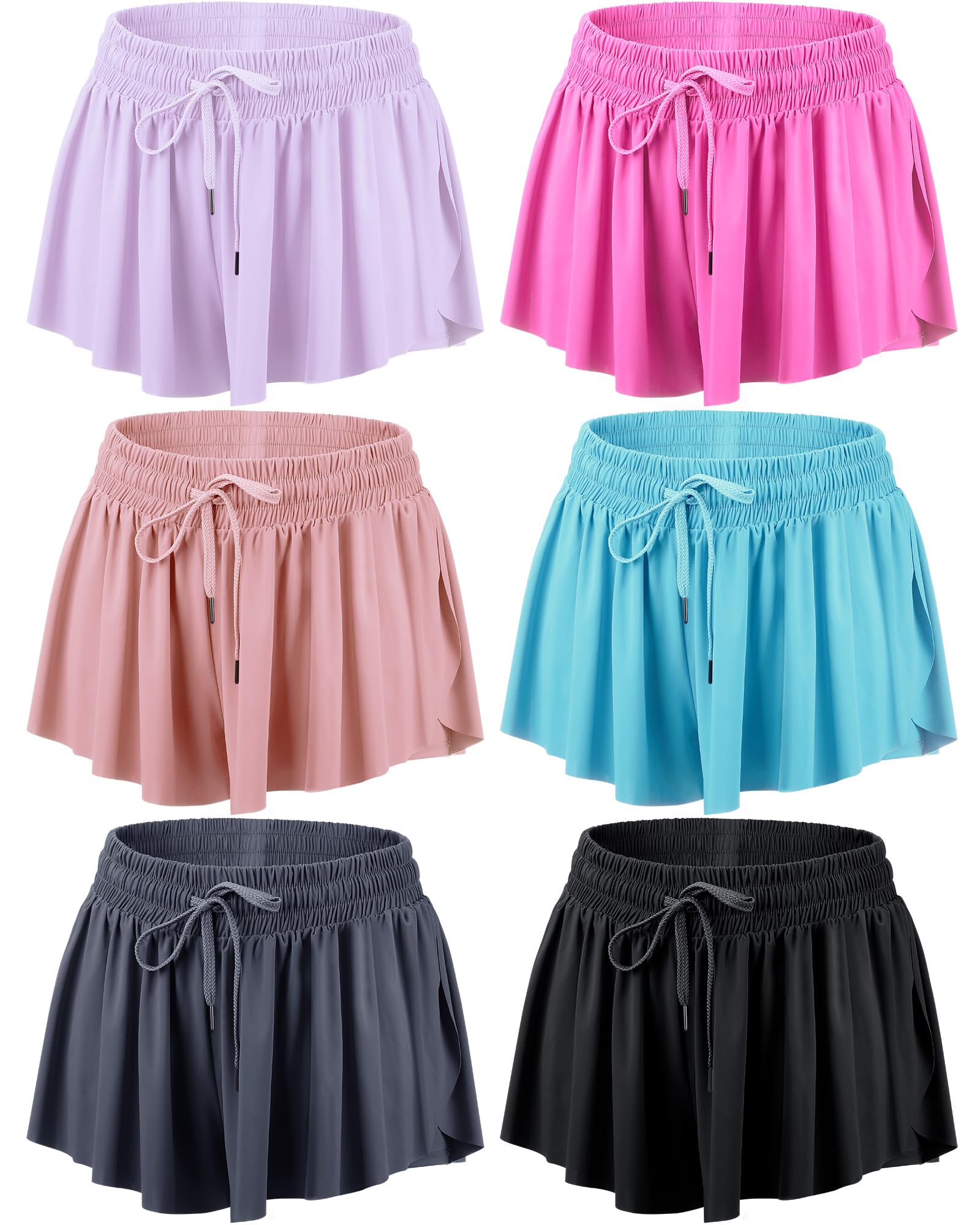 6 Pack 2-in-1 Flowy Running Shorts with Pockets - Women's Butterfly Yoga Shorts for Summer, Gym & Workout | Perfect for Running, Yoga, Pilates and Casual Wear