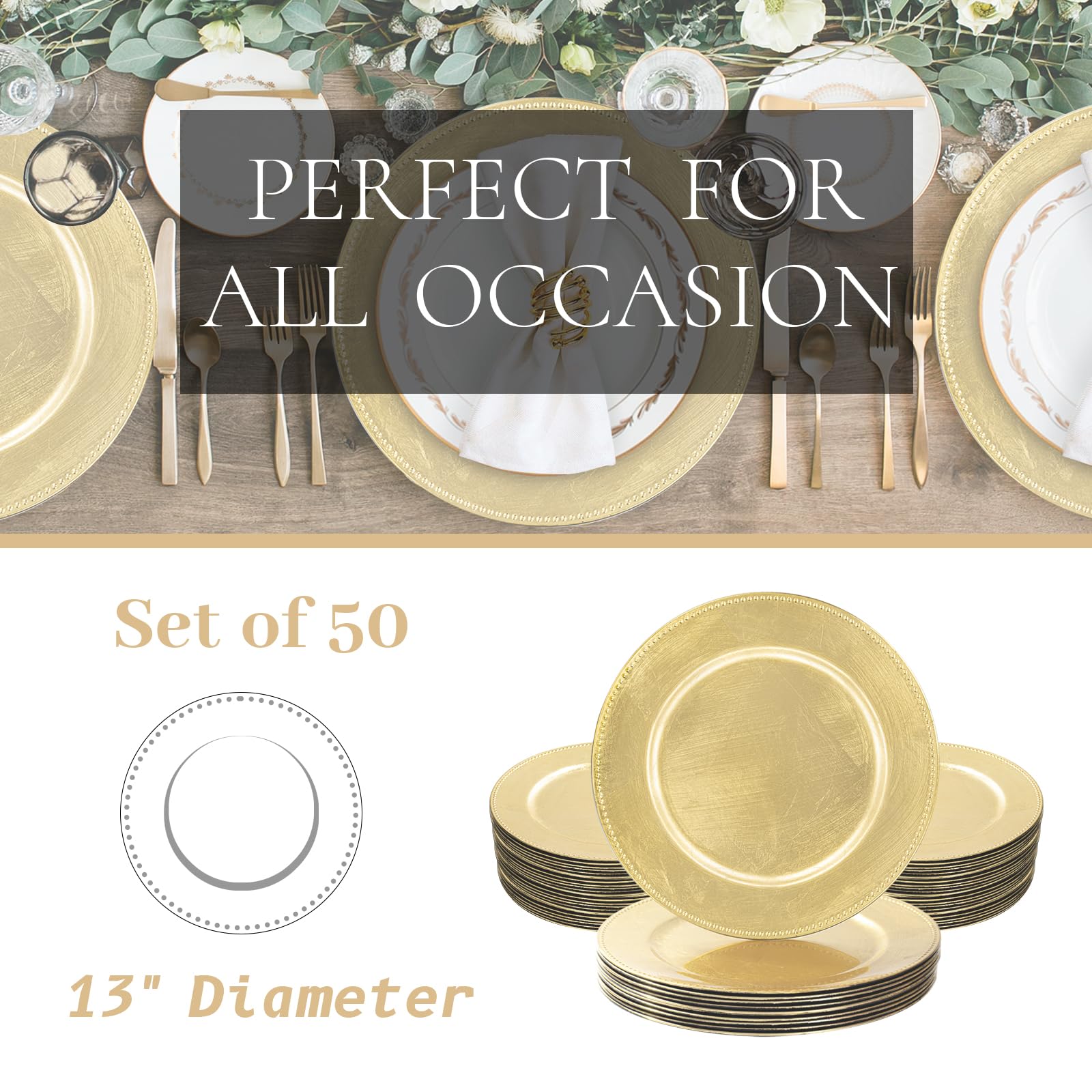 MAONAME 50-Pack Gold Foil Charger Plates 13 Inch - Elegant Beaded Plastic Round Chargers for Wedding, Party & Formal Dinner Table Settings - Bulk Disposable Plates for Events, Banquets & Home Decor