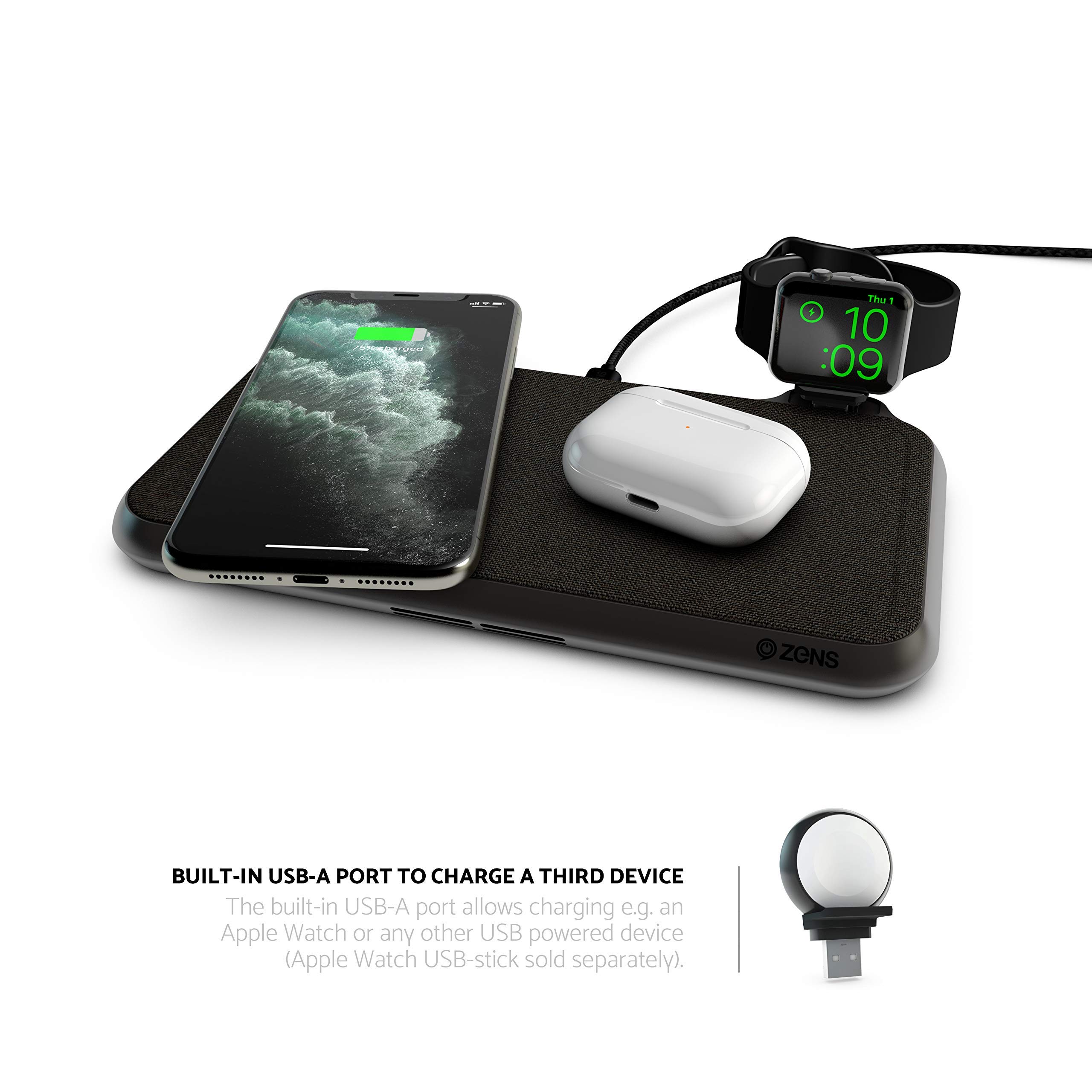ZENS Liberty 16 Coil Dual Wireless Charging Pad - Fast 15W Charger for iPhone & Samsung - Fabric Surface Qi-Certified Charging Station for Multiple Devices - Perfect for Bedroom, Office & Travel Use
