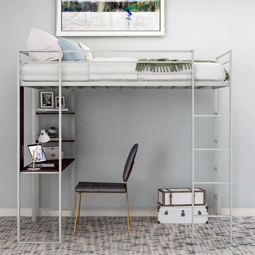 Metal Loft Bed Frame with Built-in Desk, 2 Shelves & Schedule Board - Twin Size Space-Saving Loft Bed with Safety Guardrails & Dual Ladders - Sturdy Noiseless Design (No Box Spring Needed) - Perfect for Small Bedrooms, Dorms & Studio Apartments - Silver Finish