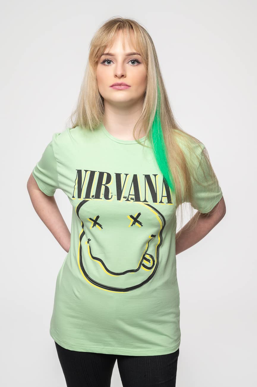 Nirvana Official Unisex Band Logo T-Shirt with Inverse Smile Design in Green - Perfect for Concerts, Grunge Fashion & 90s Retro Style