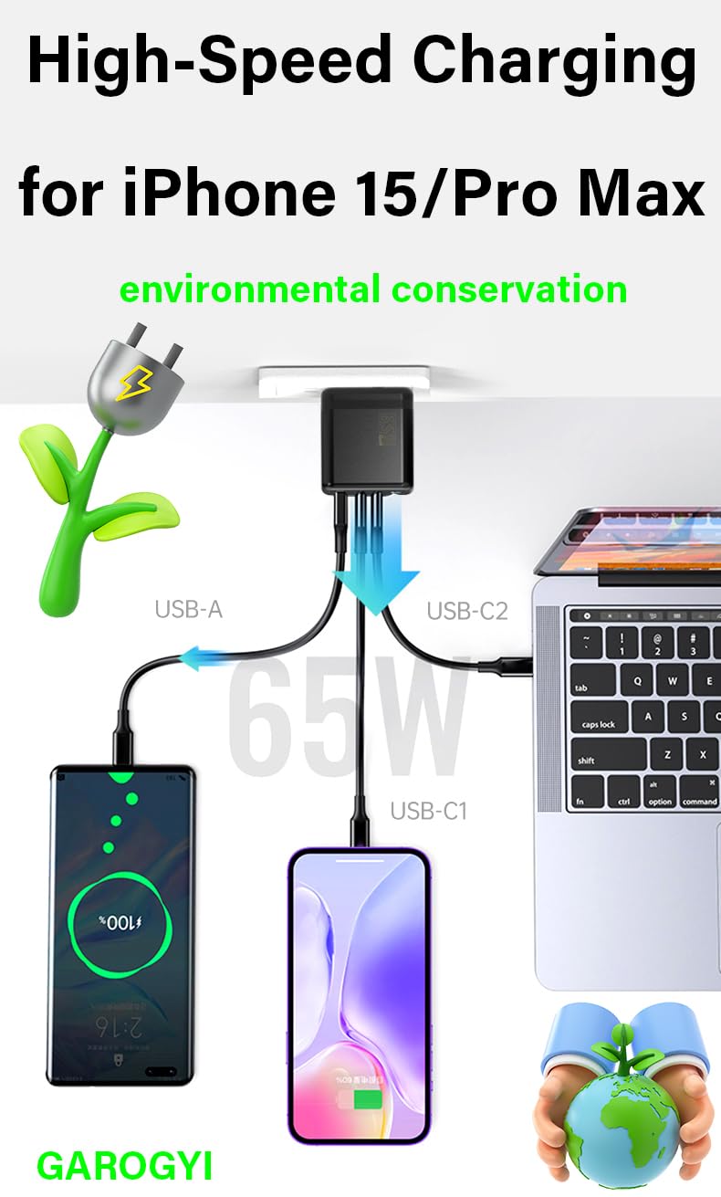GAROGYI 65W GaN Fast Charger with 3 Ports, USB C Wall Charger Block & Cable for iPhone 15 Pro Max, iPad Pro, MacBook Air, Galaxy S23, XPS 13, Pixel 8 - Compact Foldable Design (Black) - Perfect for Travel, Office & Home Charging