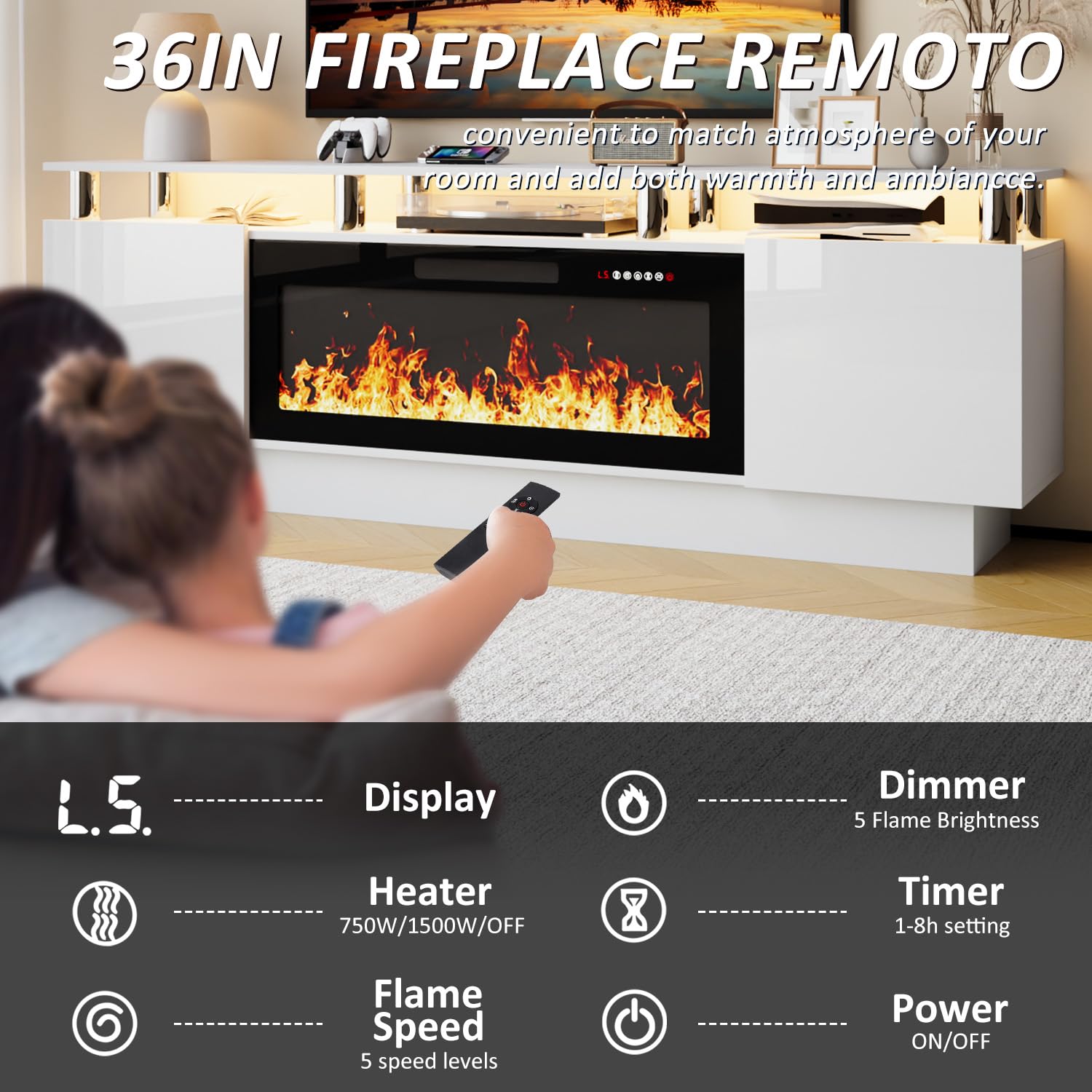 LEMBERI 70 Inch Modern TV Stand with Electric Fireplace - Entertainment Center for 80 Inch TVs, Wooden Media Console with 36