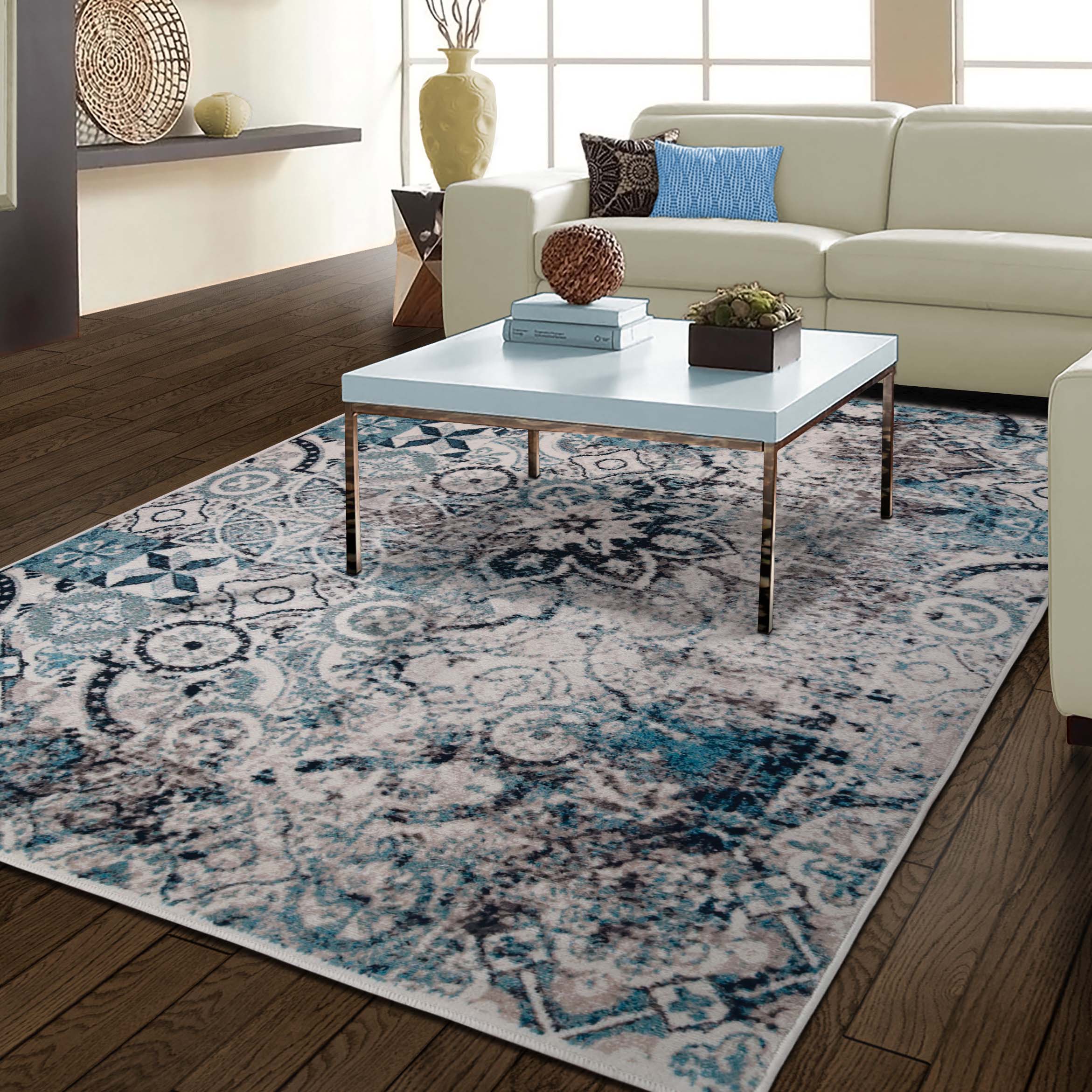 Stylish Rangoli Geometric Medallion Indoor Area Rug - Non-Slip Bohemian Decor for Living Room, Bedroom & Office