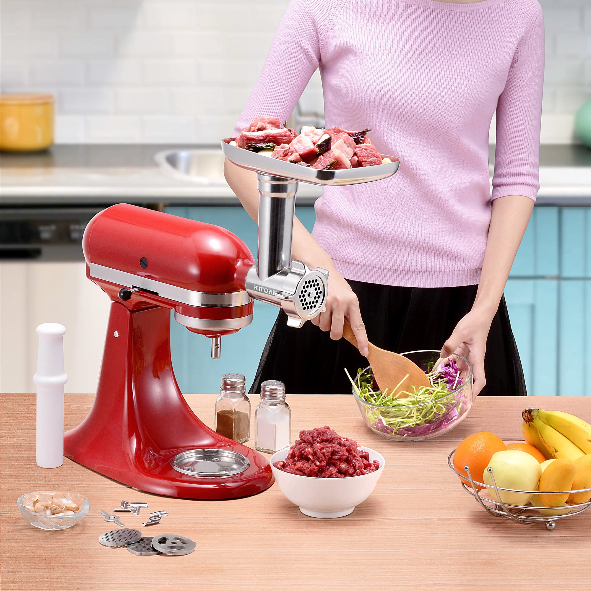 Premium Stainless Steel Meat Grinder Attachment for KitchenAid Stand Mixers - Heavy Duty Sausage Stuffer & Food Grinder - Dishwasher Safe - Perfect for Home Kitchen, BBQ, Camping & Meal Prep (Mixer Not Included)