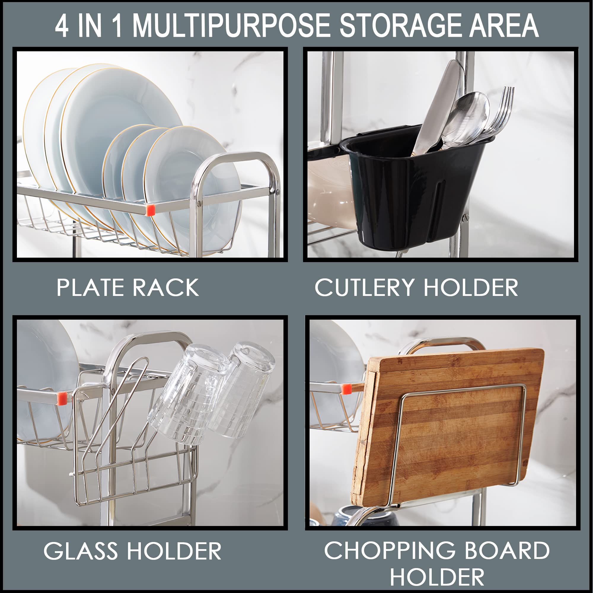 Stainless Steel 2-Tier Omega Dish Drainer Rack with Tray & Mat - Kitchen Drying Rack for Dishes, Utensils & Cookware - Space-Saving Design (24x12x18 Inches) - Perfect for Small Kitchens, Apartments & RV Use - Ideal for Countertop Organization and Dish Drying After Washing