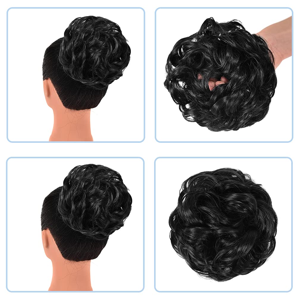 Messy Bun Hair Piece for Women - Synthetic Curly Wavy Hair Scrunchies, Hair Bun Extensions (Natural Black) | Perfect for Updos, Ponytails & Everyday Hairstyles