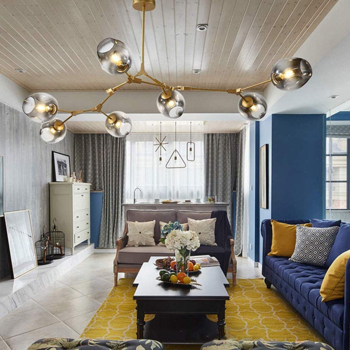 Modern 7-Light Gold Pendant Chandelier with Adjustable Grey Glass Shades - Flush Mount Ceiling Light Fixture for Hotel, Restaurant, Bar, Cafe & Home Lighting (Dining Room, Living Room, Bedroom, Corridor)