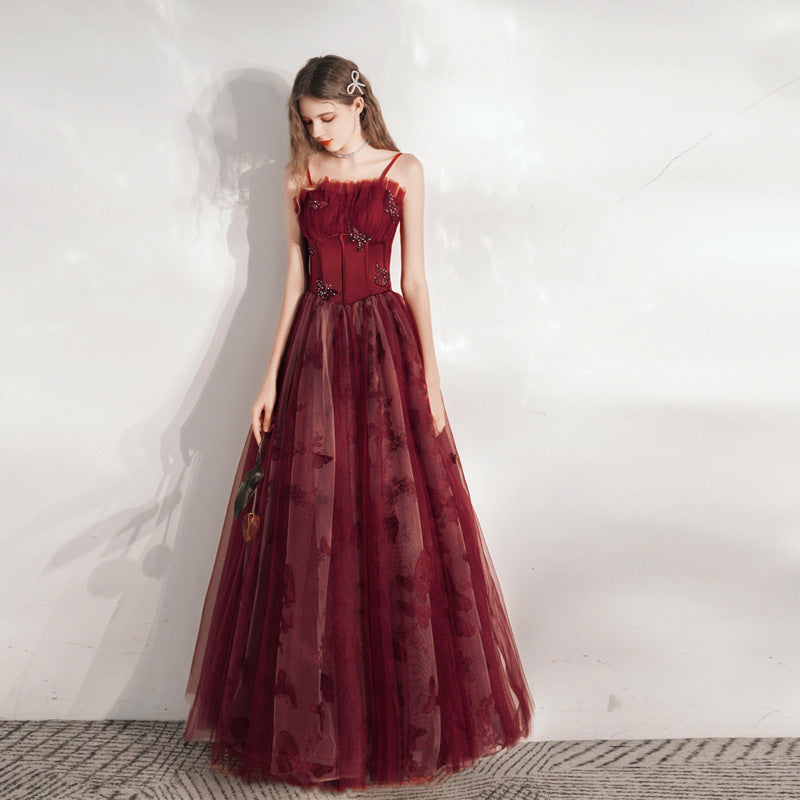 Elegant Burgundy Spaghetti Strap Tulle Prom Dress with Lace Up Back - Formal Evening Gown for Homecoming, Wedding, and Special Occasions - Size 48