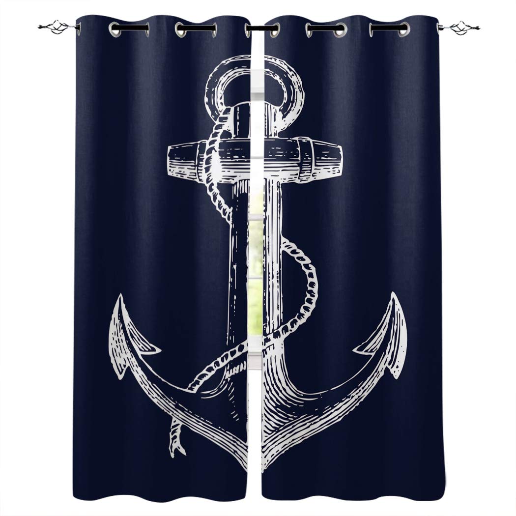 Premium Navy Blue Anchor Print Blackout Curtains - Thermal Insulated Room Darkening Window Drapes for Living Room & Bedroom (2 Panels 40x63 Inch) - Perfect for Home Decor, Coastal Theme & Light Control