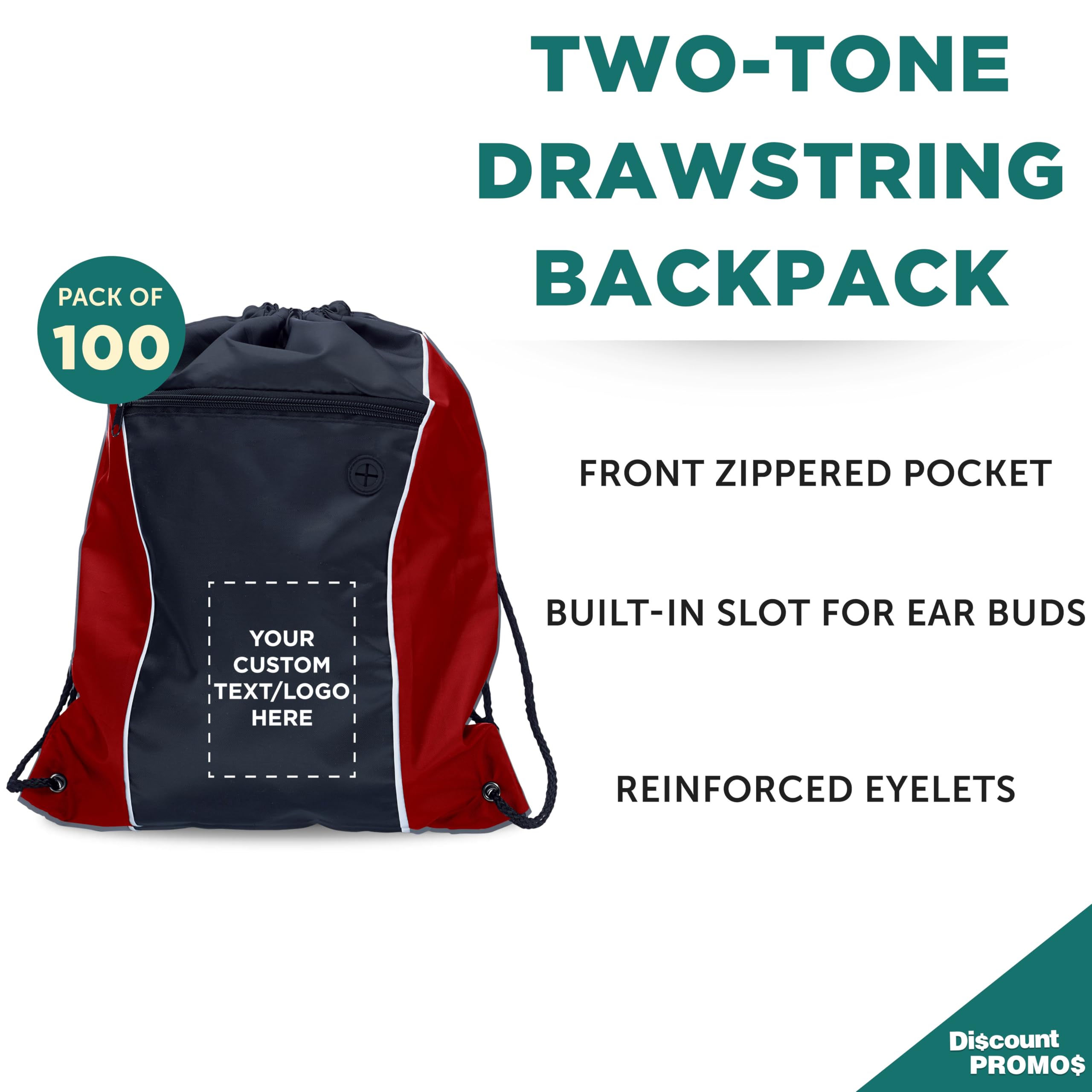 Customizable Two-Tone Drawstring Backpacks - 100 Pack Non-Woven Durable Sports Bags - Add Your Text & Logo - Perfect for Gym, Travel, Work & Outdoor Activities - Bulk Discount Promo - Red