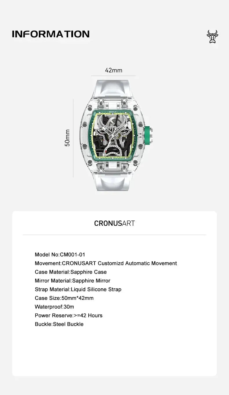 CRONUSART Men's Automatic Skeleton Watch - 50mm Tonneau Sapphire Crystal Case, Mechanical Movement, Luminous Hands, Liquid Silicone Strap, Bull Dial - Perfect for Business, Casual Wear & Gift Giving
