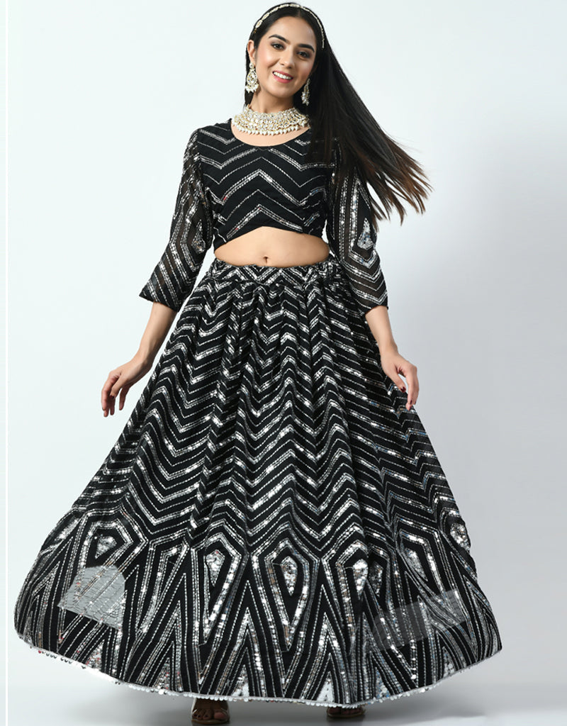 Elegant Black Faux Georgette Lehenga Choli Set for Women - Indian Wedding Outfit, Party Wear & Festive Occasions