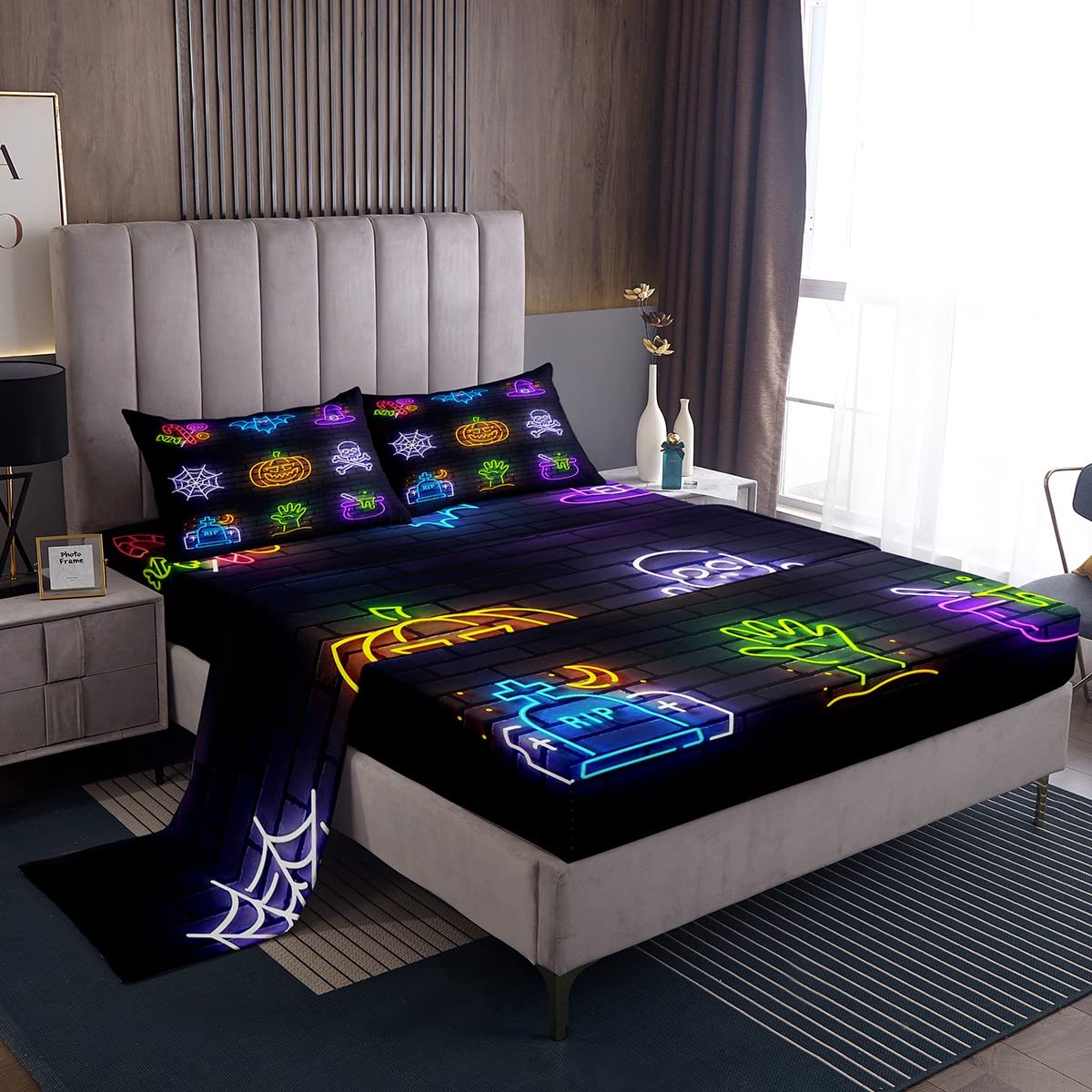 Erosebridal Halloween Bed Sheets Set - Full Size Neon Light Pumpkin Lantern & Witch Hat Spider Web Design, Candy Skull Tombstone Print for Girls & Women | Perfect for Halloween Party Decor, Spooky Bedroom Makeover, and Seasonal Home Decorations