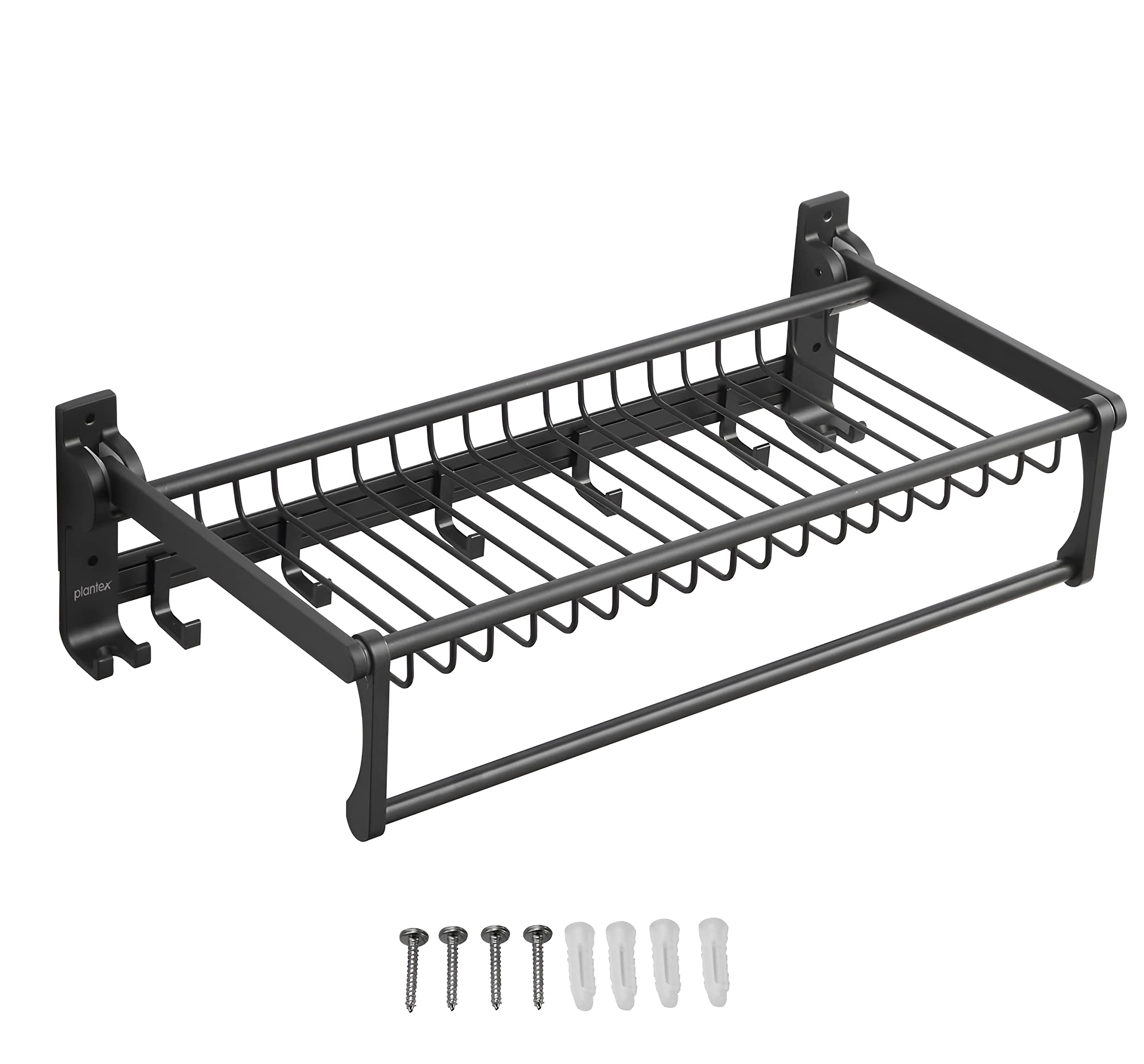 Plantex Aluminum Towel Rack with Hooks - Black Bathroom Organizer for Towels, Robes & Accessories | Space-Saving Wall Mounted Storage Solution for Bathrooms, Laundry Rooms & Kitchens