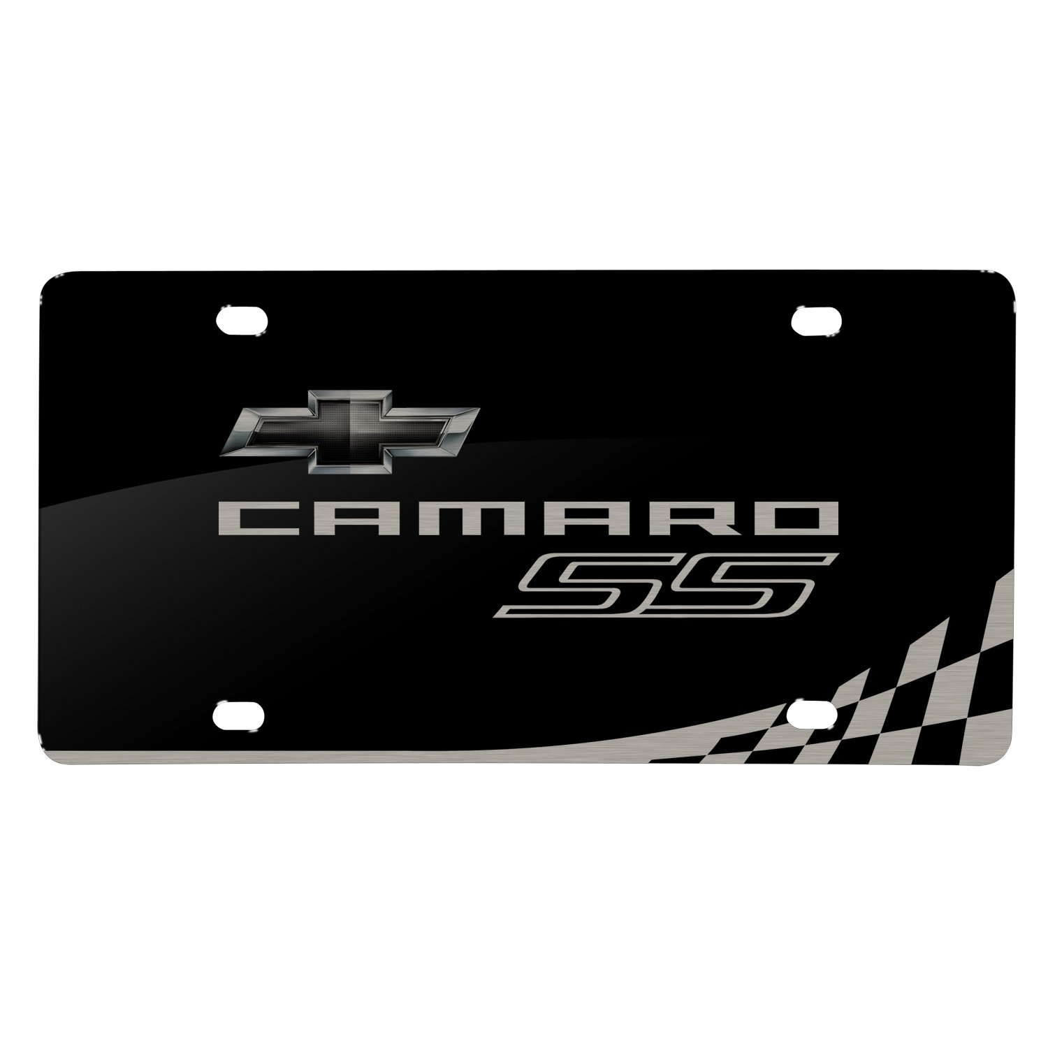 Chevrolet Camaro RS Laser-Cut Black Acrylic License Plate Frame with Checker Stripe Design - Perfect for Car Shows & Custom Vehicle Decoration