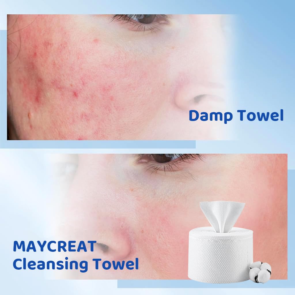 MAYCREATE® 50 Count Disposable Face Towels - 100% Cotton Ultra-Soft Quick-Dry Facial Tissues for Sensitive, Dry & Oily Skin | Gentle Daily Cleansing & Makeup Removal | Perfect for Travel, Gym & Skincare Routine