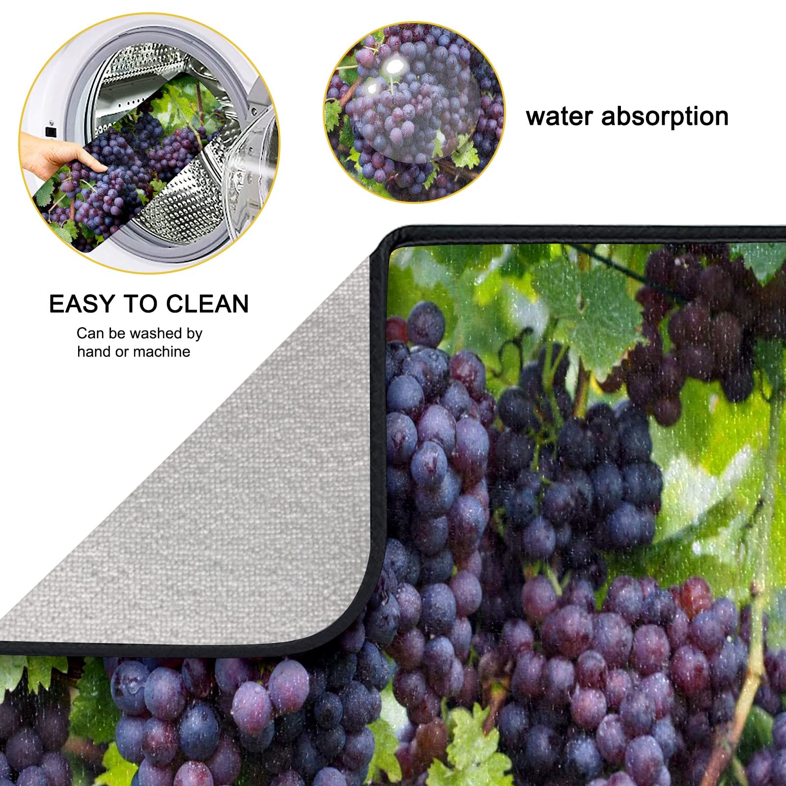 Purple Grapes Dish Drying Mat - Reversible Microfiber Kitchen Counter Mat (18x16in) for Dishes & Fruits
