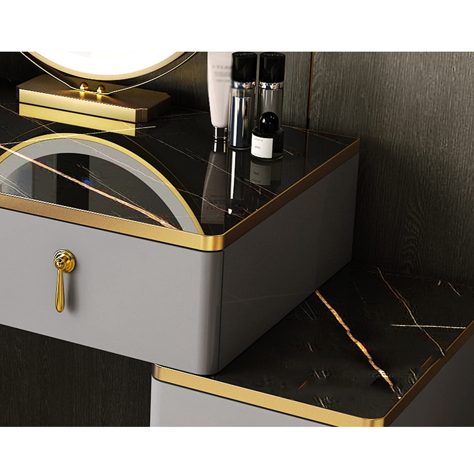Small Vanity Table with LED Round Mirror & Drawer - White/Grey Makeup Dressing Table (70cm) for Bedroom, Dorm, or Salon