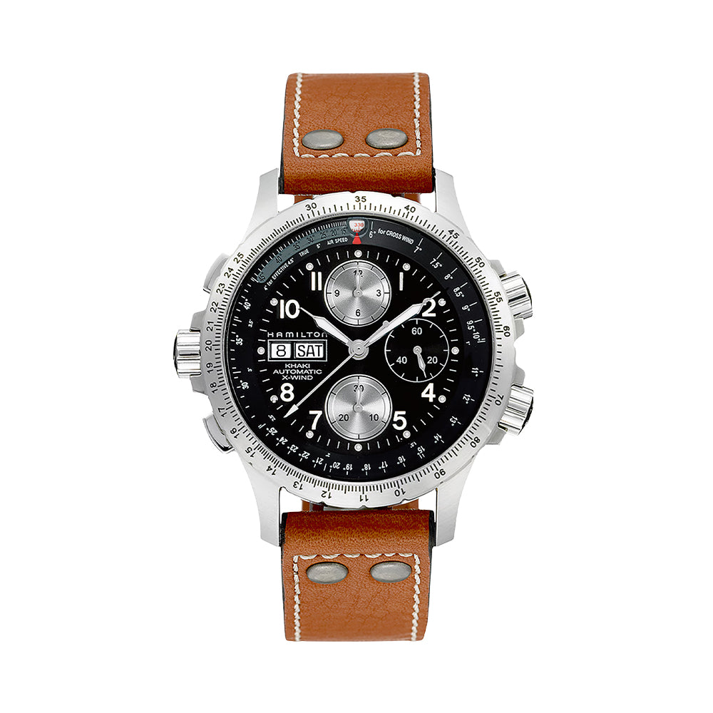 Khaki Aviation X Wind Automatic Chronograph Watch 44mm - Black Dial with Leather Strap for Men | Pilot & Casual Wear | Perfect for Aviation Enthusiasts & Everyday Use