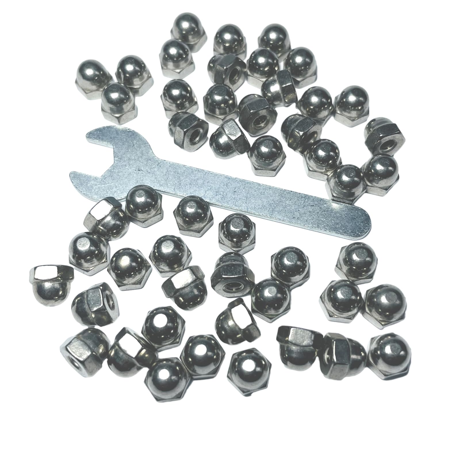 50pcs #8-32 Acorn Cap Nuts, 304 Stainless Steel Dome Head Hex Nuts with Bright Finish - 18-8 Grade Hardware Nuts for Furniture, Automotive & DIY Projects - Includes Open End Wrench for Easy Installation