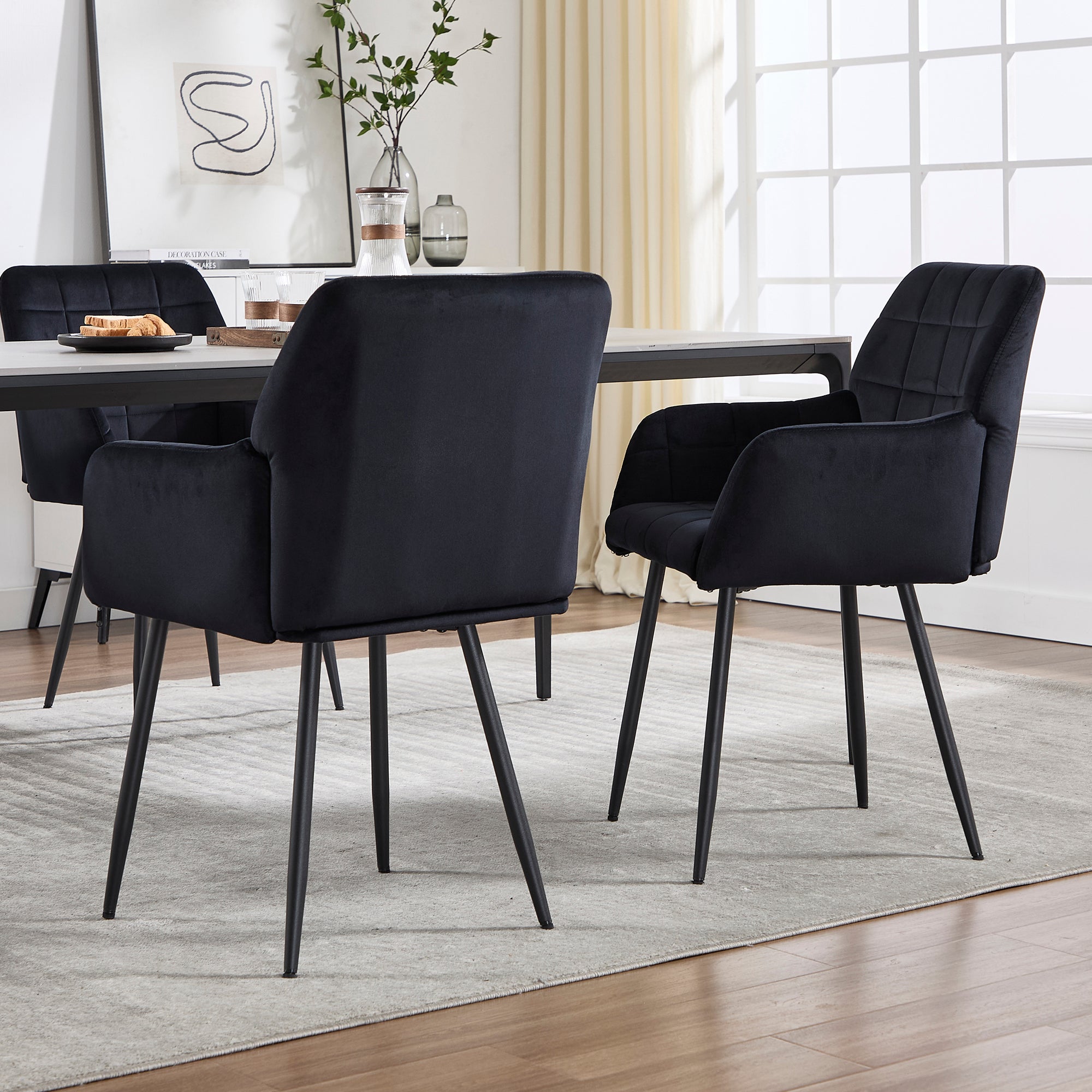 2-Piece Velvet Upholstered Dining Chairs Set with Armrests - Comfortable Kitchen & Living Room Seating - Easy Assembly & Cleaning - Perfect for Home Dining, Entertaining & Small Spaces (Black)
